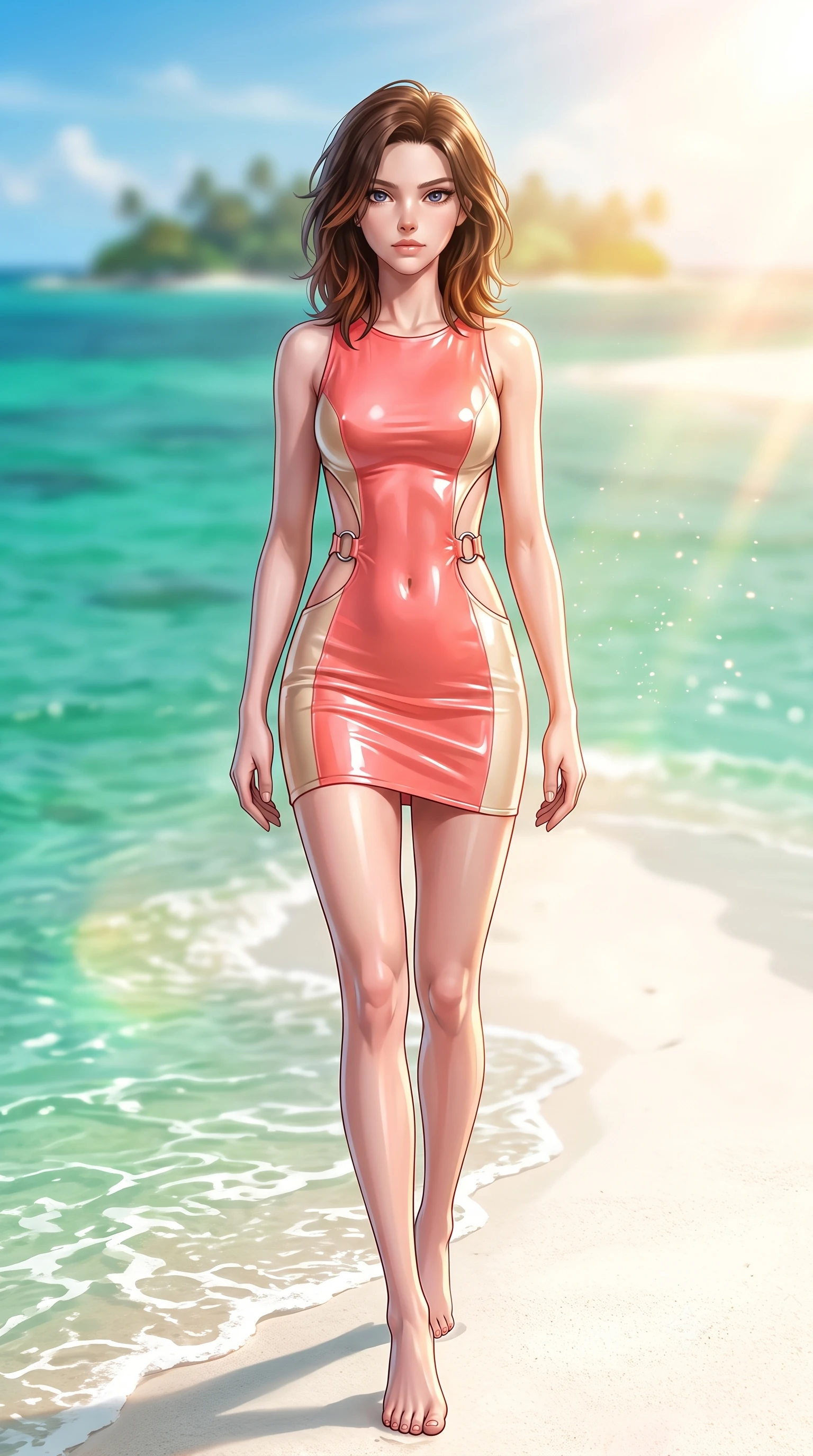score_9, masterpiece, best quality, ultra-detailed, high-budget anime keyframe, semi-realistic 3D game render, editorial fashion photography, tasteful artistic composition, Korean woman. low angle full-body shot from head to toe showing her feet, filling the entire 9:16 vertical frame with her statuesque presence, stretching her vertical silhouette. striding forward in a proud, statuesque motion with a dangerous smolder, her vertical silhouette dominating the frame from head to toe while stepping along a pristine white sand sandbar as shallow emerald lagoon waves lap gently at her feet. The composition keeps background elements in soft focus with creamy bokeh. warm tropical sunbeams refracting through sea spray into a soft, glowing backdrop. She has an absolutely perfect, statuesque 8.5-heads proportion, an exceptionally tall and slender model-like female figure with impossibly long slender legs, a toned flat midriff, and an ultra-slim waist. sharp v-shaped jawline, high-bridge nose, intricate jewel-like eyes with depth, thick eyelashes, glossy lips with a natural sheen, flawlessly proportioned anatomical accuracy, strict slender model proportions, natural body alignment, perfectly sculpted long slender limbs, ultra-slim waistline, clean dynamic posture without body distortion. wearing a second-skin fashion-latex mini dress with a clean architectural front, featuring an open-back design that wraps around the sides of her waist, showcasing her slender silhouette in radiant coral pink and champagne ivory, crafted from ultra-reflective second-skin latex with a high-gloss glass-like polish, detailed with polished silver rings connecting the daring side-waist cutouts, the precision-cut daring openings accentuating her delicate midriff, graceful bare collarbones, and ultra-slim feminine waistline. bathed in dazzling tropical morning sunlight and glittering ocean water caustics. highly saturated vibrant anime colors, detailed shading with soft gradients, rich glossy textures, high-contrast stereoscopic depth, volumetric dynamic lighting, master piece, 9:16 ratio