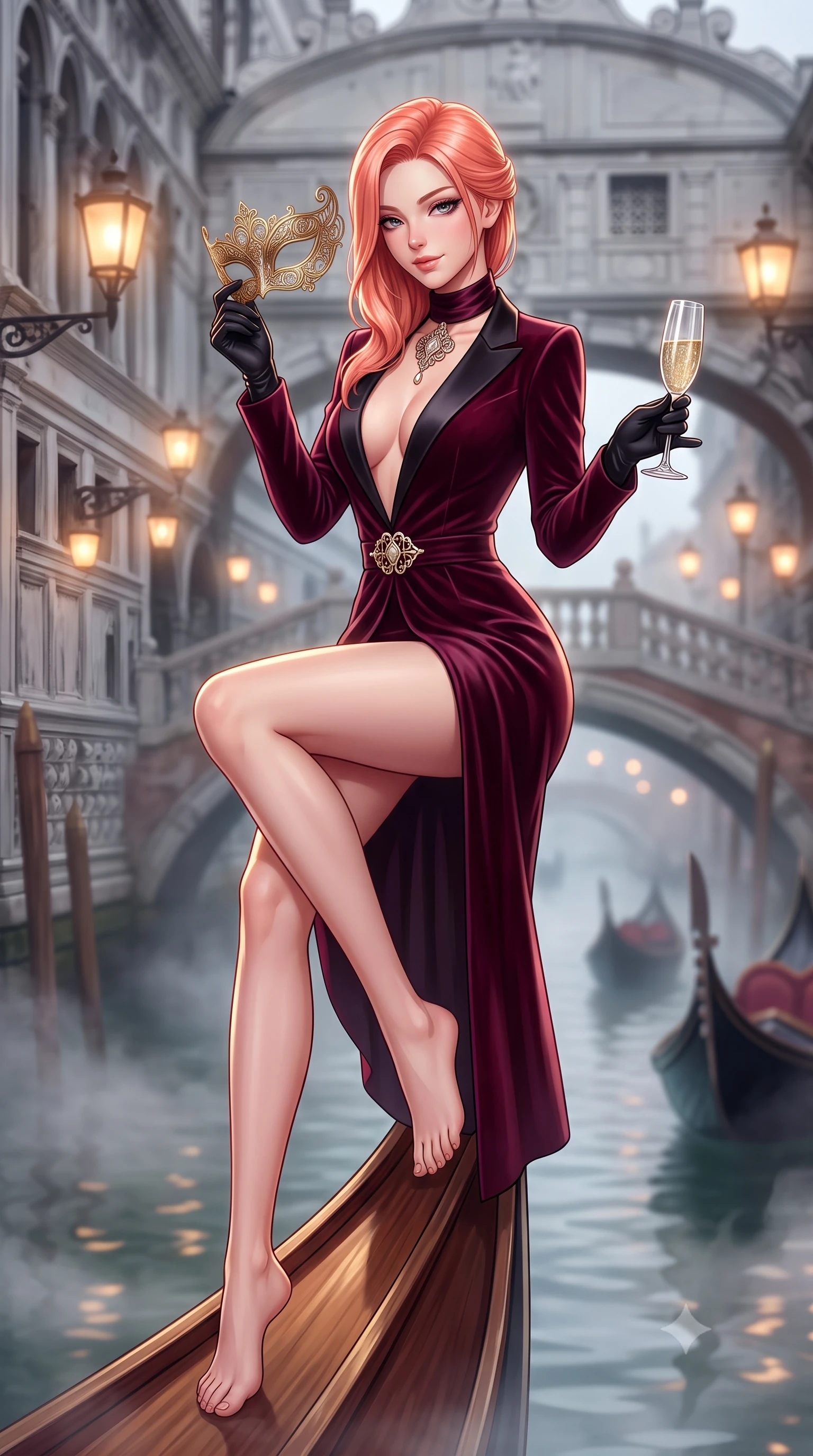 score_9, masterpiece, best quality, ultra-detailed, high-budget anime keyframe, semi-realistic 3D game render, editorial fashion photography, tasteful artistic composition, Japanese woman. low angle full-body shot from head to toe showing her feet, filling the entire 9:16 vertical frame with her statuesque presence, stretching her vertical silhouette. sitting perched on the elevated edge with hips angled toward the camera and legs crossed, displaying her toned midriff and flawlessly sculpted slender limbs while perching sideways on the polished wood gondola gunwale, looking back over a bare shoulder with an alluring, teasing smile as she holds an ornate filigree mask. The composition keeps background elements in soft focus with creamy bokeh. swirling canal mist and flickering lantern glows softened in romantic shallow focus. She has an exceptionally tall and slender model-like 8.5-heads proportion, an ultra-slim waist, a flat toned midriff, narrow delicate ribcage, and beautifully sculpted feminine hips creating a graceful, slim hourglass silhouette without any bulky heaviness, with impossibly long slender legs. sharp v-shaped jawline, high-bridge nose, intricate jewel-like eyes with depth, thick eyelashes, glossy parted lips with a natural sheen, intensely captivating and seductive bedroom-eyes expression, flawlessly proportioned anatomical accuracy, strict slender model proportions, natural body alignment, perfectly sculpted long slender limbs, ultra-slim waistline, clean dynamic posture without body distortion. wearing a tailored velvet tuxedo jacket dress with satin lapels, worn with a deep plunge neckline and gold hip buckle in deep wine burgundy and brushed dark platinum, tailored from smooth liquid silk satin adhering seamlessly to her skin, accessorized with opera-length satin gloves and a vintage crystal glass, the liquid-tight tailored fabric clinging flawlessly to her narrow waist and rounded feminine hips, emphasizing every millimeter of her sculpted slim hourglass curves without any bulky heaviness. illuminated by crisp specular highlights defining her slender neckline, ultra-slim waist, and curvy hips. highly saturated vibrant anime colors, detailed shading with soft gradients, rich glossy textures, high-contrast stereoscopic depth, volumetric dynamic lighting, master piece, 9:16 ratio