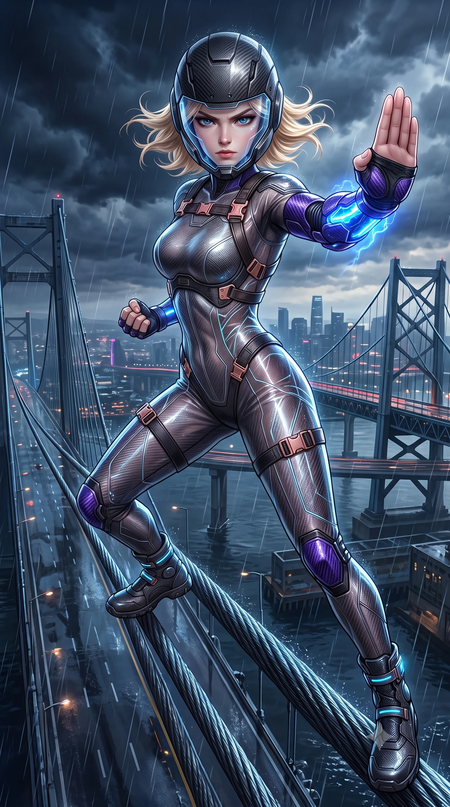 score_9, masterpiece, best quality, ultra-detailed, high-budget anime keyframe, semi-realistic 3D game render, editorial fashion photography, tasteful artistic composition, Caucasian woman. close-up cowboy shot from the waist and thighs up, the character dominates the composition, filling the frame with her large presence. twisting her upper body in a dynamic S-curve martial arts stance, cybernetic elbow dampers glowing with blue energy as she aims a focused palm strike while striding commanding across the wet suspension cables with sovereign balance and supreme athletic poise. The surrounding environment is rendered in vivid detail and crisp panoramic clarity. vibrant high-contrast storm lighting and high-altitude bridge engineering captured with environmental precision. She has an exceptionally elegant, slender, and willowy female figure with an ultra-slim waist, a gracefully sculpted slender torso, toned flat midriff, and a refined slim silhouette. sharp v-shaped jawline, high-bridge nose, intricate jewel-like eyes with depth, thick eyelashes, glossy lips with a natural sheen, fierce and resolute heroine expression, flawlessly proportioned anatomical accuracy, strict slender model proportions, natural body alignment, perfectly sculpted long slender limbs, ultra-slim waistline, clean dynamic posture without body distortion. wearing an open-face aerodynamic carbon-fiber combat helmet with a retracted transparent holographic HUD visor framing her sharp jawline and jewel-like eyes, paired with a tailored tactical combat jumpsuit with an open-back harness design, reinforced composite breastplate, and high-mobility elbow dampers in royal purple carbon fiber with distressed rose-gold hardware and buckles, crafted from semi-translucent cybernetic carbon-vinyl interwoven with glowing micro-filaments, reinforced by a heavy-duty titanium tactical harness and glowing micro-energy status straps, the form-contouring material adhering flawlessly to her sculpted flat midriff and slender torso, emphasizing her long leg lines and perfectly proportioned willowy build. surrounded by an elevated, supreme, and breathtakingly courageous high-altitude defender aura. rich saturated anime colors with glowing neon highlights, detailed shading with soft gradients, rich glossy textures, high-contrast stereoscopic depth, volumetric dynamic lighting, master piece, 9:16 ratio