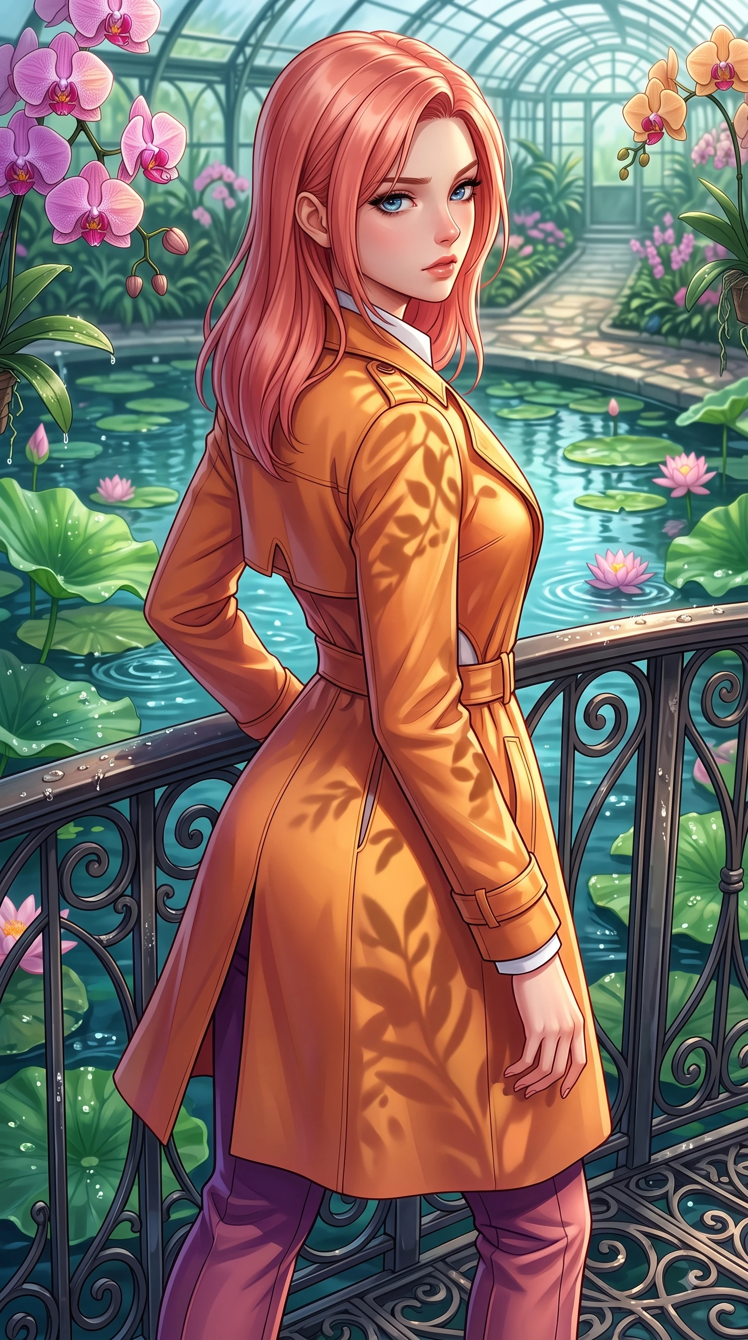 score_9, masterpiece, best quality, ultra-detailed, high-budget anime keyframe, editorial fashion photography, tasteful artistic composition, Japanese woman. close-up cowboy shot from the waist and thighs up, the character dominates the composition, filling the frame with her large presence. Subtle lingering regret in her eyes, looking back over her shoulder with an emotional, reluctant glance while pivoting gracefully on a wrought-iron bridge over a lotus pond dripping with morning dew. The surrounding environment is rendered in vivid detail and crisp panoramic clarity. vibrant orchid blossoms, lotus pond ripples, and detailed greenhouse pathways in deep focus. She has an exceptionally elegant, slender, and willowy female figure with an ultra-slim waist, a gracefully sculpted slender torso, and a refined silhouette. sharp v-shaped jawline, high-bridge nose, intricate jewel-like eyes with depth, thick eyelashes, glossy lips with a natural sheen, flawlessly proportioned anatomical accuracy, natural body alignment, perfectly sculpted elegant limbs, clean dynamic posture without body distortion. wearing a stylish sunset amber trench coat over a crisp white shirt and tailored trousers in deep amethyst purple and rose gold, tailored from crisp high-density cotton poplin, complemented by clean architectural seams and subtle cutouts, the form-contouring material accentuating her ultra-slim waist and long lines. illuminated by fresh botanical ambient glow with organic leaf stencil shadows. highly saturated vibrant anime colors, detailed shading with soft gradients, rich glossy textures, high-contrast stereoscopic depth, volumetric dynamic lighting, master piece, 9:16 ratio
