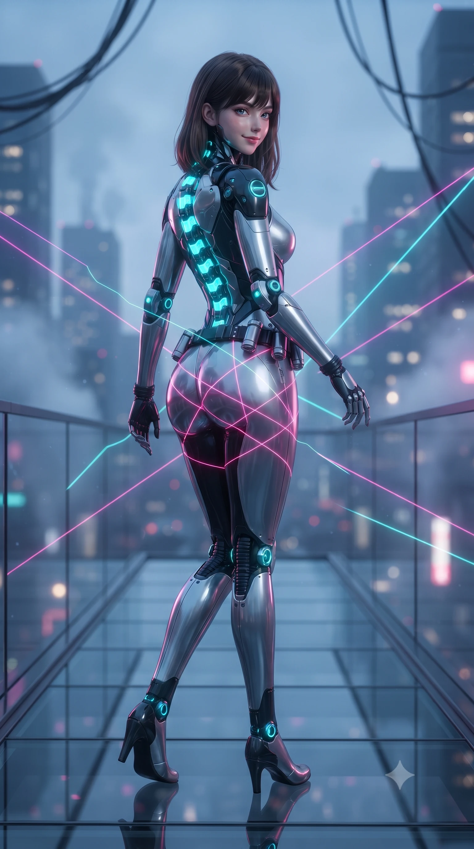 score_9, masterpiece, best quality, ultra-detailed, high-budget anime keyframe, editorial fashion photography, tasteful artistic composition, Korean woman. low angle full-body shot from head to toe showing her feet, filling the entire 9:16 vertical frame with her statuesque presence, stretching her vertical silhouette. walking slowly along the transparent glass skybridge, looking back over her shoulder with an air of effortless grace and an alluring, smoldering smile while twisting her slender torso in an alluring S-curve, criss-crossing security laser beams casting geometric magenta and cyan lines across her curvy hips. The background shows a soft-focus rising liquid-nitrogen vapor veils and suspended data conduits softened in high-tech Tokyo shallow focus. She has an absolutely perfect, statuesque 8.5-heads proportion, an exceptionally tall and slender model-like female figure with impossibly long slender legs, an ultra-slim waist, a flat toned midriff, narrow delicate ribcage, and beautifully sculpted feminine hips creating a graceful, slim hourglass silhouette without any bulky heaviness. sharp v-shaped jawline, high-bridge nose, intricate jewel-like sparkling eyes with depth, thick eyelashes, glossy parted lips with a natural sheen, bright confident smile with an enchanting and coquettish sensual glint, exuding both youthful magnetic charm and sovereign high-tech allure, flawlessly proportioned anatomical accuracy, strict slender model proportions, natural body alignment, perfectly sculpted long slender limbs, ultra-slim waistline, clean dynamic posture without body distortion. wearing a form-contouring exo-suit chassis with glowing cyan hydraulic spine braces worn over an ultra-slim bodysuit in liquid chrome silver and pitch black, made of supple second-skin compression stretch jersey clinging flawlessly to her form, accented with a sleek utility belt with polished magnetic canisters resting loosely on her curvy hips, the form-contouring cut accentuating her sculpted flat midriff, narrow delicate ribcage, and gracefully curvy hips with cybernetic supermodel precision. bathed in high-contrast neon laser lines of violet and cyan reflecting off glossy surfaces. ultra-reflective glossy finish, specular highlights, rich textural contrasts, high-contrast stereoscopic depth, volumetric dynamic lighting, 2k, ultra detail, master piece, 9:16 ratio