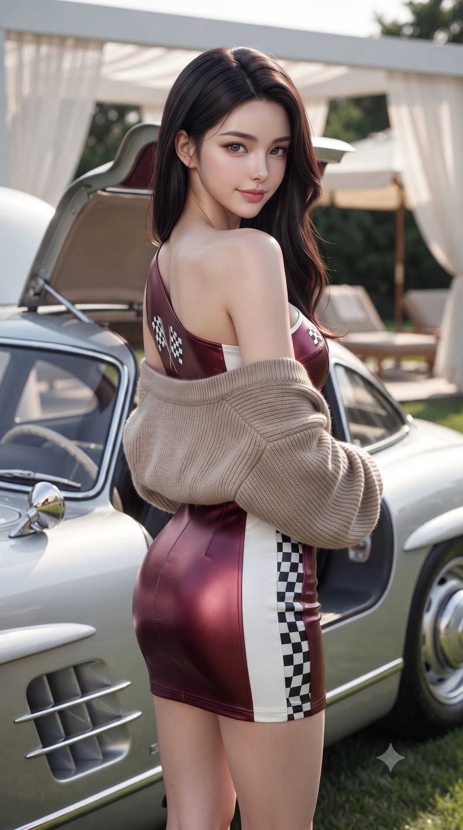 score_9, masterpiece, best quality, ultra-detailed, high-budget anime keyframe, editorial fashion photography, tasteful artistic composition, Korean woman. close-up cowboy shot from the waist and thighs up, the character dominates the composition, filling the frame with her large presence. posing in an alluring rear three-quarter angle, turning over a bare shoulder with an intoxicating gaze, her hips cocked back to highlight her slim hourglass curve against the paddock lights while standing beside the open gullwing door of a silver Mercedes 300SL parked beside the private grass court, arching her spine with sovereign glamour. The background shows a soft-focus fluttering sheer pergola drapes and vintage canvas umbrella canopies softened in exclusive East Coast shallow focus. She has an exceptionally elegant, slender, and willowy female figure with an ultra-slim waist, flat toned midriff, narrow ribcage, and sculpted feminine hips creating an alluring, slim hourglass silhouette without bulk. sharp v-shaped jawline, high-bridge nose, sparkling eyes with athletic focus and depth, thick curled eyelashes, glossy parted lips with a natural coral-peach sheen, bright confident and coquettish smile with alluring bedroom-eyes, exuding both youthful sporty vigor and sovereign high-society glamour, flawlessly proportioned anatomical accuracy, strict slender model proportions, natural body alignment, perfectly sculpted long slender limbs, ultra-slim waistline, clean dynamic posture without body distortion. wearing an asymmetric one-shoulder metallic racing mini dress with checkered flag embroidery hugging her narrow waist and hips in rich burgundy wine and crisp court white, tailored from crisp cotton poplin with clean aerodynamic structural lines, complemented by an oversized cashmere knit cardigan slipping off one bare shoulder, the glove-like aerodynamic silhouette tightly following the natural contour of her hips and long slender legs with youthful 8.5-heads elegance. bathed in brilliant coastal Hamptons sunlight reflecting off white estate terraces. ultra-reflective glossy finish, specular highlights, rich textural contrasts, high-contrast stereoscopic depth, volumetric dynamic lighting, 2k, ultra detail, master piece, 9:16 ratio