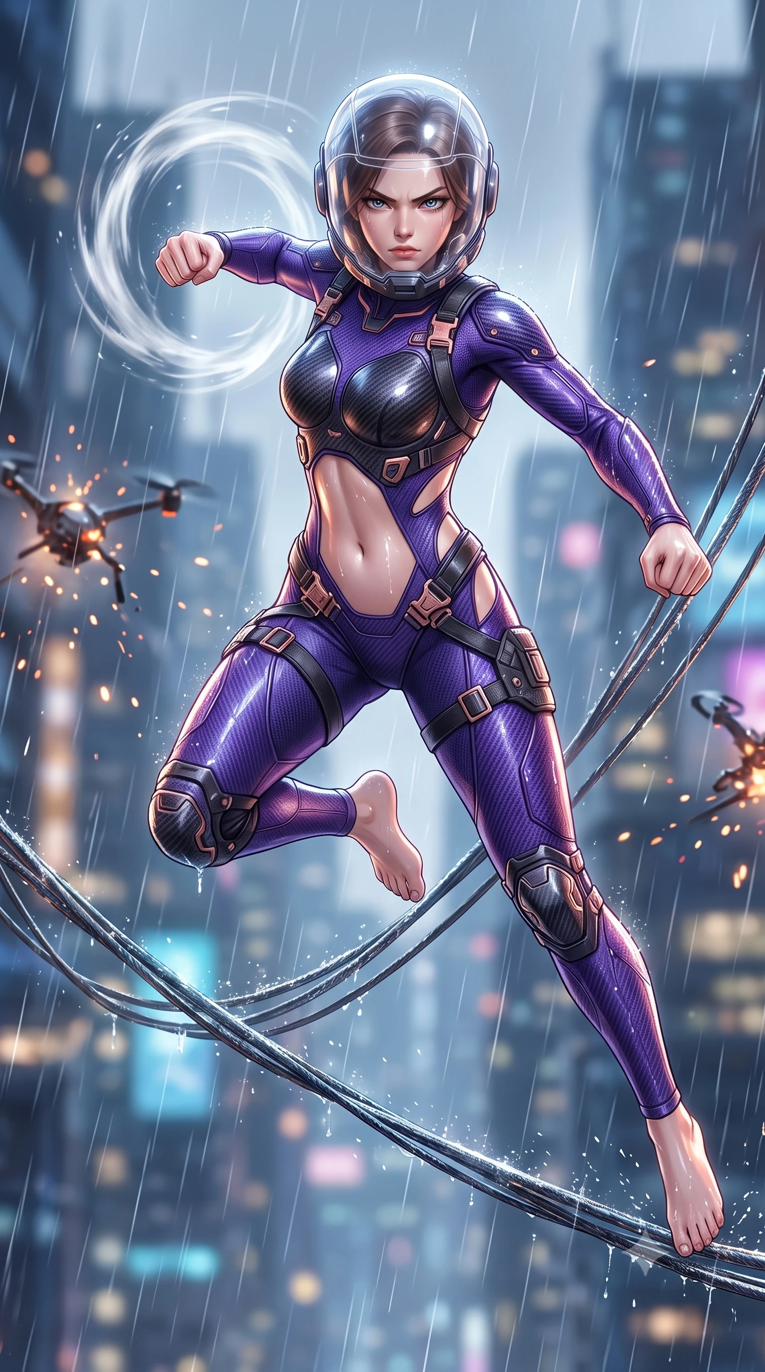 score_9, masterpiece, best quality, ultra-detailed, high-budget anime keyframe, semi-realistic 3D game render, editorial fashion photography, tasteful artistic composition, Korean woman. low angle full-body shot from head to toe showing her feet, filling the entire 9:16 vertical frame with her statuesque presence, stretching her vertical silhouette. leaping into mid-air with an athletic yet alluring arch of her spine, driving a downward kinetic strike surrounded by a ring of displaced air while striding commanding across the wet suspension cables with sovereign balance and supreme athletic poise. The composition keeps background elements in soft focus with creamy bokeh. sparkling rain streaks and drone explosion fragments scattering glowing light motes across a grand skyline. She has an absolutely perfect, statuesque 8.5-heads proportion, an exceptionally tall and slender model-like female figure with impossibly long slender legs, a toned flat midriff, and an ultra-slim waist. sharp v-shaped jawline, high-bridge nose, intricate jewel-like eyes with depth, thick eyelashes, glossy lips with a natural sheen, fierce and resolute heroine expression, flawlessly proportioned anatomical accuracy, strict slender model proportions, natural body alignment, perfectly sculpted long slender limbs, ultra-slim waistline, clean dynamic posture without body distortion. wearing a crystal-clear transparent armored riot-visor helmet showing her entire beautiful face and determined expression with pristine clarity, paired with a form-contouring high-mobility battle-suit featuring sculpted carbon chest plating, diagonal midriff ventilation cutouts, and kinetic knee vambraces in royal purple carbon fiber with distressed rose-gold hardware and buckles, made of lightweight aerodynamic carbon-titanium alloy with precision-beveled armor seams, reinforced by a heavy-duty titanium tactical harness and glowing micro-energy status straps, the sleek second-skin cut tightly hugging her graceful clavicle, narrow waist, and feminine curves with athletic precision. illuminated by crisp specular highlights tracing her sculpted flat midriff, bare spine, and slender limbs. rich saturated anime colors with glowing neon highlights, detailed shading with soft gradients, rich glossy textures, high-contrast stereoscopic depth, volumetric dynamic lighting, master piece, 9:16 ratio
