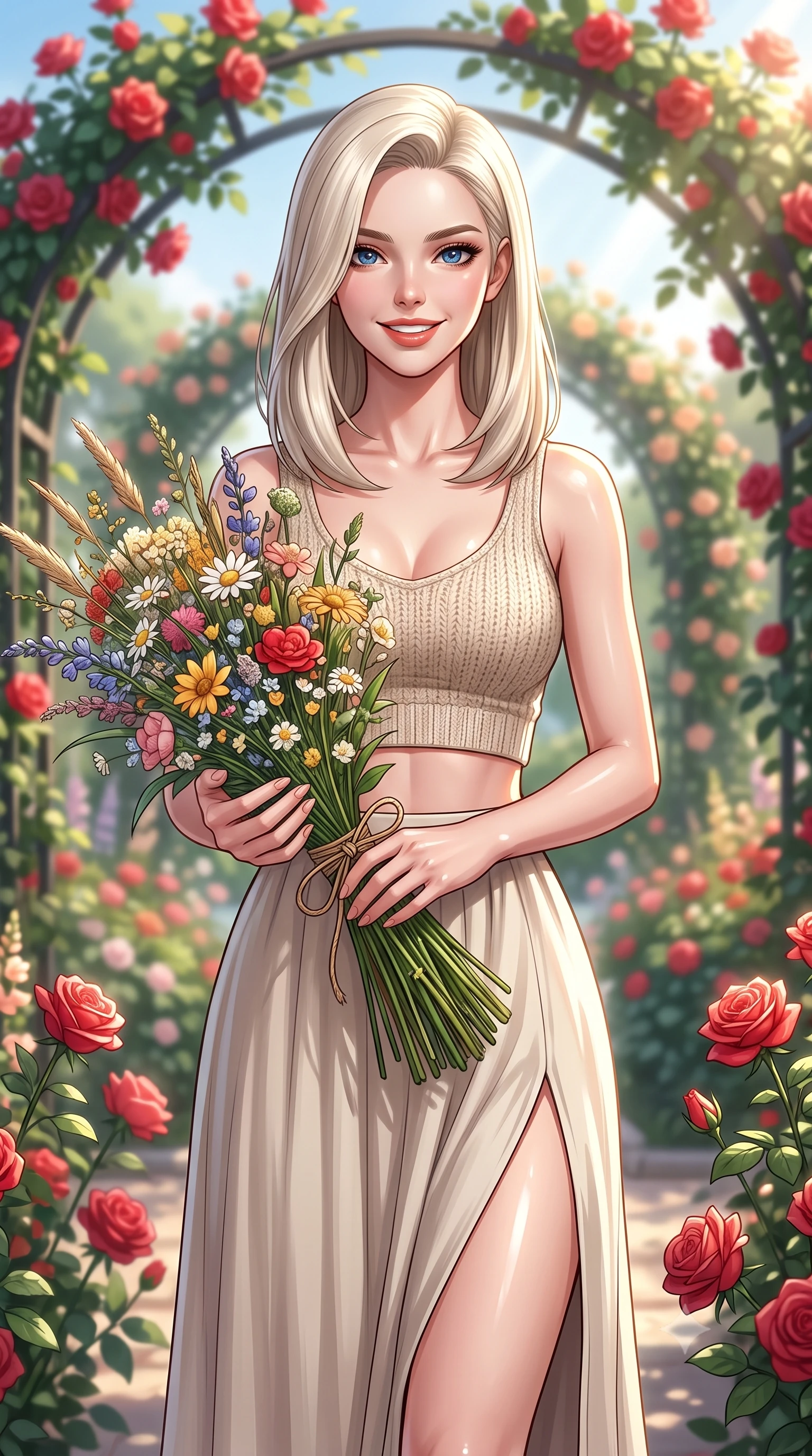 score_9, masterpiece, best quality, ultra-detailed, high-budget anime keyframe, editorial fashion photography, tasteful artistic composition, Caucasian woman. close-up cowboy shot from the waist and thighs up, the character dominates the composition, filling the frame with her large presence, background elements kept in soft focus. smiling with cute and bright self-assurance, looking directly at the viewer set against a soft-focus background of in a beautifully landscaped rose garden with archways of red roses holding a beautiful wildflower bouquet tied with a simple twine ribbon. She has an exceptionally elegant, slender, and willowy female figure with an ultra-slim waist, a gracefully sculpted slender torso, and a refined silhouette. sharp v-shaped jawline, high-bridge nose, intricate jewel-like eyes with depth, thick eyelashes, glossy lips with a natural sheen. wearing form-contouring crop top in oatmeal knit paired with a flowy midi skirt featuring a high side slit. bright midday sun rays highlighting the vibrant colors of the flowers. ultra-reflective glossy finish, specular highlights, metallic sheen, high-contrast stereoscopic depth, volumetric dynamic lighting, 2k, ultra detail, master piece, 9:16 ratio