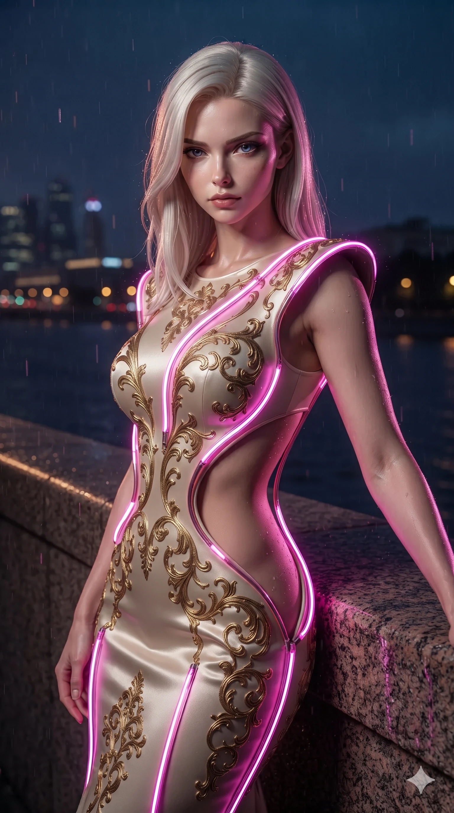 score_9, masterpiece, best quality, ultra-detailed, high-budget anime keyframe, editorial fashion photography, tasteful artistic composition, Caucasian woman. close-up cowboy shot from the waist and thighs up, the character dominates the composition, filling the frame with her large presence. resting one elbow on the table and supporting her chin, leaning close to the camera with heavy-lidded sparkling eyes and parted lips while standing tall and poised against the granite river parapet, arching her lower back with sovereign supermodel grace as river mist catches the neon glow. The surrounding environment is rendered in vivid detail and crisp panoramic clarity: sharp water puddle reflection ripples on black granite tiles, crisp raindrop speculars on stone, and neon tube glass details in deep focus. She has an exceptionally elegant, slender, and willowy female figure with an ultra-slim waist, flat toned midriff, narrow ribcage, and sculpted feminine hips creating an alluring, slim hourglass silhouette without bulk. sharp v-shaped jawline, high-bridge nose, intricate jewel-like sparkling eyes with depth, thick eyelashes, glossy parted lips with a natural sheen, intensely captivating and seductive bedroom-eyes expression, exuding both youthful cute charm and sovereign luxury allure, flawlessly proportioned anatomical accuracy, strict slender model proportions, natural body alignment, perfectly sculpted long slender limbs, ultra-slim waistline, clean dynamic posture without body distortion. wearing a sculptured liquid-satin mermaid gown with an architectural open-waist cutout and bare spine in Istrian stone cream and antique gold-leaf, tailored from smooth liquid silk satin that clings smoothly to her narrow waist and rounded hips with a dewy sheen, finished with sleek jade frog closures glinting along her high collar, the impeccably tailored cut draping gracefully along her slender figure with aristocratic poise. illuminated by rain puddle bounce and sharp scarlet-violet rim lights sculpting her razor-sharp jawline, narrow waist, and curvy hips. ultra-reflective glossy finish, specular highlights, rich textural contrasts, high-contrast stereoscopic depth, volumetric dynamic lighting, 2k, ultra detail, master piece, 9:16 ratio