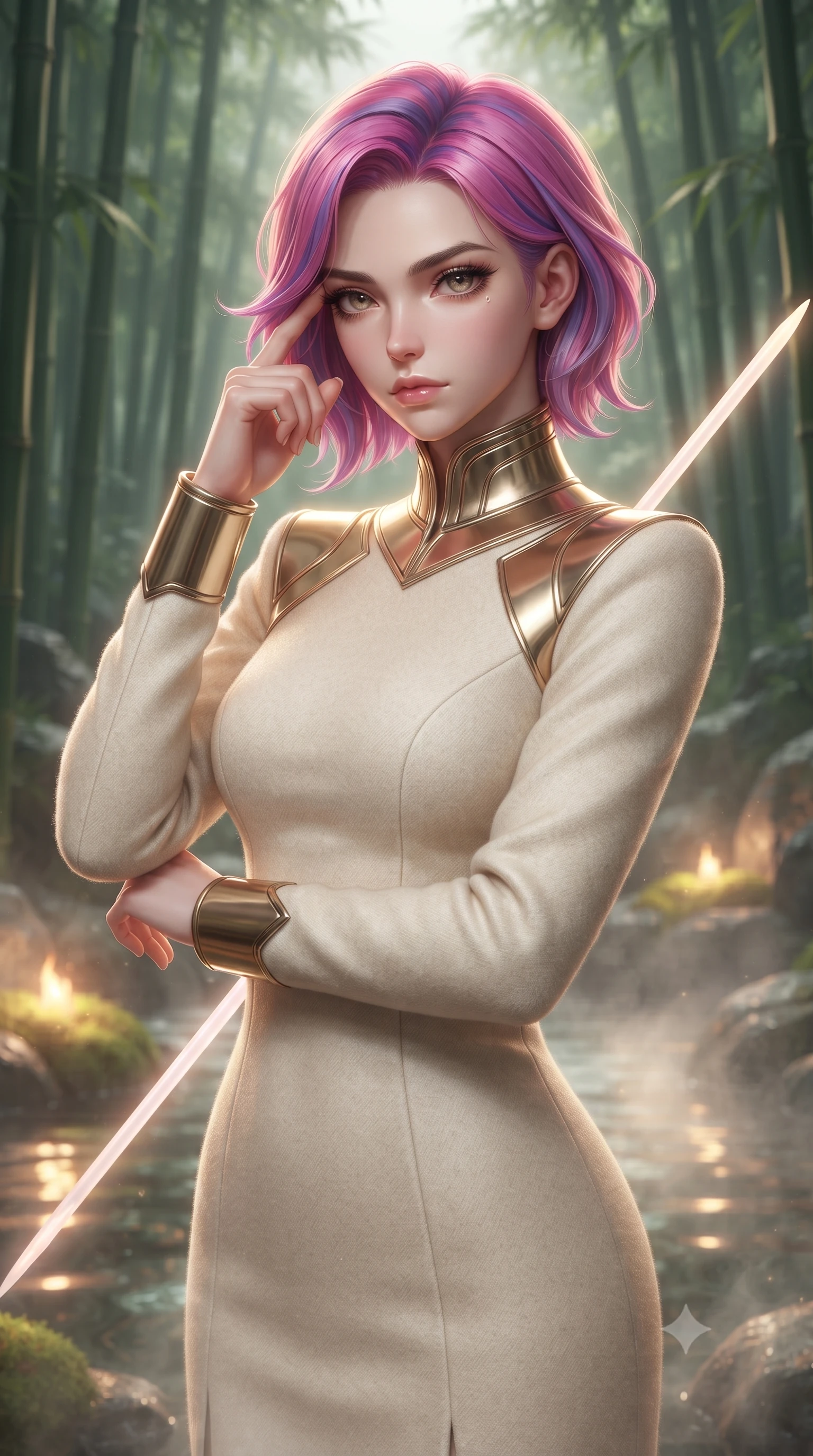 score_9, masterpiece, best quality, ultra-detailed, high-budget anime keyframe, editorial fashion photography, tasteful artistic composition, Caucasian woman. close-up cowboy shot from the waist and thighs up, the character dominates the composition, filling the frame with her large presence, background elements kept in soft focus. pressing two fingers to her temple while holding a light-spear diagonally behind her in a composed thoughtful gesture, the background shows a soft-focus a rock garden hot spring inside a bamboo grove, with warm water and steam. She has an exceptionally elegant, slender, and willowy female figure with an ultra-slim waist, a gracefully sculpted slender torso, and a refined silhouette. sharp v-shaped jawline, high-bridge nose, intricate jewel-like eyes with depth, thick eyelashes, glossy lips with a natural sheen. wearing a tailored elegant stellar senator gown in heavy cream wool, featuring structured metallic gold collar guards and long sleeves. soft flickering light from glowing moss reflecting on the water surface. ultra-reflective glossy finish, specular highlights, metallic sheen, high-contrast stereoscopic depth, volumetric dynamic lighting, 2k, ultra detail, master piece, 9:16 ratio
