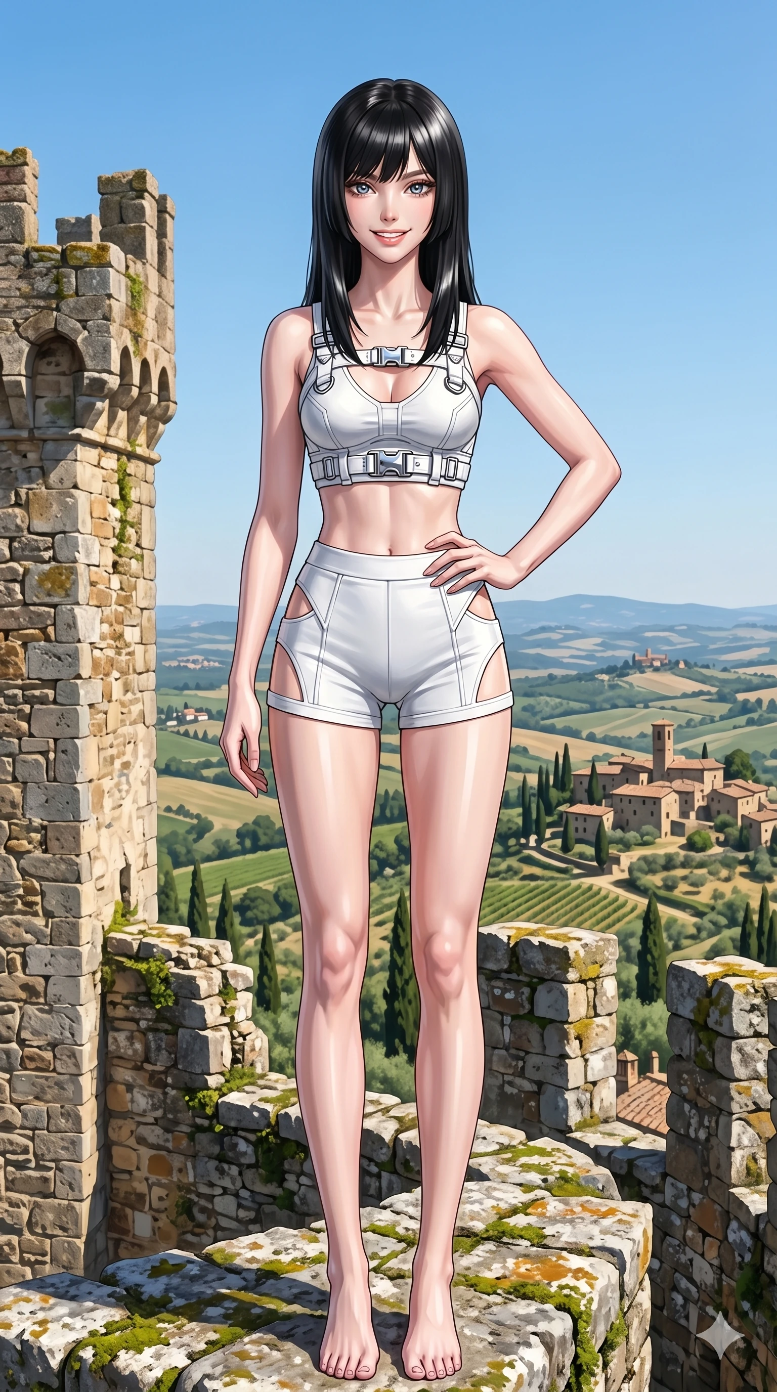 score_9, masterpiece, best quality, ultra-detailed, high-budget anime keyframe, editorial fashion photography, tasteful artistic composition, Caucasian woman, strictly human ears. cowboy shot from the thighs up, character and outfit filling the frame for maximum editorial presence. posing confidently with one hand on her hip, smiling with bright self-assurance standing on a ruined stone tower overlooking a sunny valley in Tuscany. She has an absolutely perfect 8-heads proportion, an exceptionally tall and slender female figure with impossibly long slender legs and an ultra-slim waist. V-shaped jawline, high-bridge nose, intricate jewel-like eyes with depth, thick eyelashes, glossy lips with a natural sheen. wearing a structured white crop top with chrome hardware and high-waisted shorts with side cuts. drenched in brilliant, direct midday sunlight that highlights her athletic build. 2k, ultra detail, master piece, 9:16 ratio