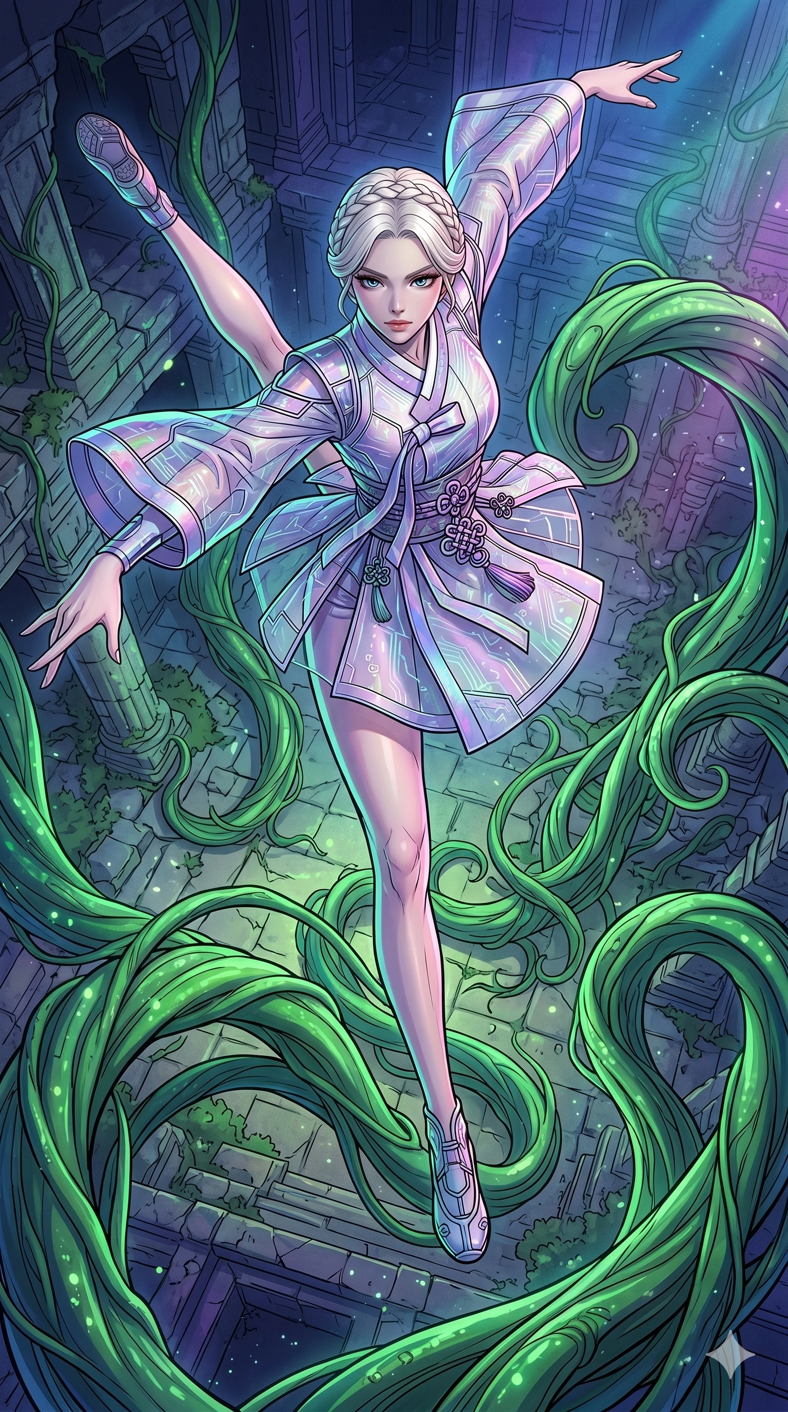 score_9, masterpiece, best quality, ultra-detailed, high-budget anime movie keyframe, cinematic anime lighting, intricate line art, Japanese woman. Extreme high angle shot as she leaps towards the camera, filling the frame. dancing in a ruin where the vines grow and retreat with her steps. She has an absolutely perfect 8-heads proportion, an exceptionally tall and slender female figure with graceful and slender proportions. strictly human anatomy, two legs only, no extra limbs, clearly defined legs and arms, perfect anatomy, perfect hands and fingers. sharp v-shaped jawline, high-bridge nose, intricate jewel-like eyes, thick eyelashes, glossy lips. Wearing Modern Traditional: Shortened cyber-hanbok with fusion silk robes and transparent panels. The scene is illuminated by dramatic atmospheric lighting and vibrant color palettes. , 2k, ultra detail, master piece, 9:16 ratio