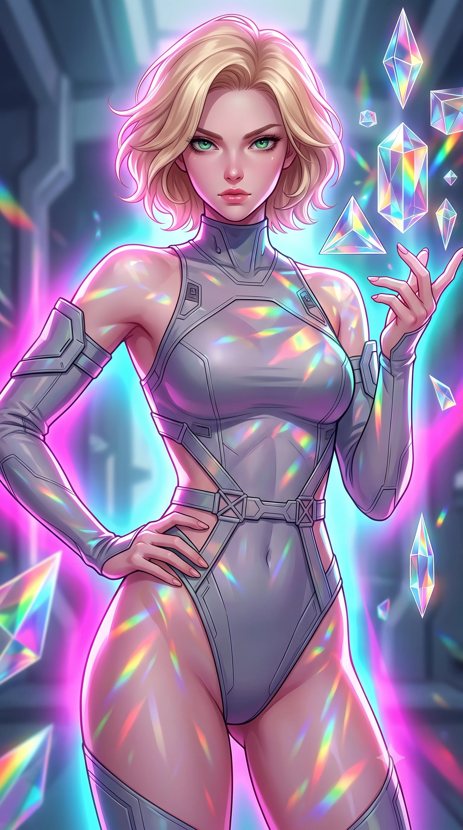 score_9, masterpiece, best quality, ultra-detailed, high-budget anime keyframe, editorial fashion photography, tasteful artistic composition, Caucasian woman. close-up cowboy shot from the waist and thighs up, the character dominates the composition, filling the frame with her large presence, background elements kept in soft focus. Holding a confident power pose with one hand on her hip, gazing directly into the camera with quiet intensity interacting with floating glass prisms that refract liquid light into rainbows, a kaleidoscope of refractions forming geometric light patterns on her skin. She has an exceptionally elegant, slender, and willowy female figure with an ultra-slim waist, a gracefully sculpted slender torso, and a refined silhouette. sharp v-shaped jawline, high-bridge nose, intricate jewel-like eyes with depth, thick eyelashes, glossy lips with a natural sheen. wearing an asymmetrical high-cut tech-bodysuit with detached sleeves and waist-framing straps, the form-contouring material highlighting her ultra-slim waist and long lines. surrounded by a radiant glow of magenta and aqua fluid highlights. highly saturated vibrant anime colors, detailed shading with soft gradients, rich glossy textures, high-contrast stereoscopic depth, volumetric dynamic lighting, master piece, 9:16 ratio