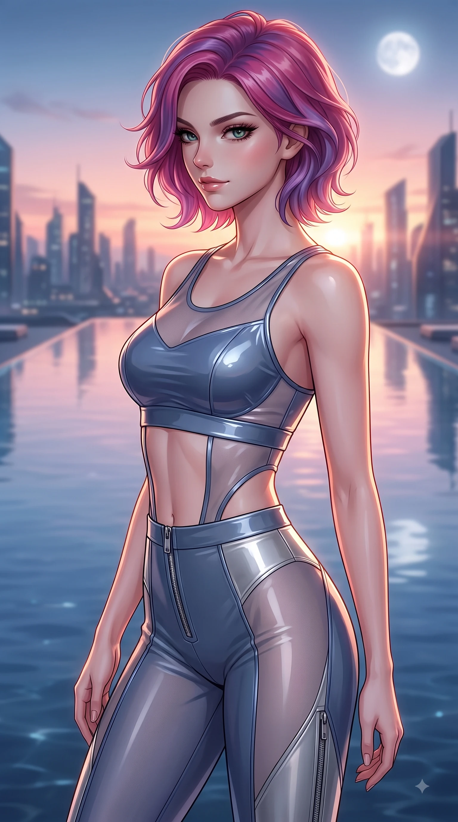 score_9, masterpiece, best quality, ultra-detailed, high-budget anime keyframe, editorial fashion photography, tasteful artistic composition, Caucasian woman. close-up cowboy shot from the waist and thighs up, the character dominates the composition, filling the frame with her large presence, background elements kept in soft focus. Casting a seductive sidelong gaze over her bare shoulder with heavy lashes and a composed half-smile while pivoting gracefully beside an infinity reflecting pool at sunset as warm rose-gold sky light traces her form, soft moonlight tracing her slender shoulder, graceful clavicle, and contoured waistline elegantly. She has an exceptionally elegant, slender, and willowy female figure with an ultra-slim waist, a gracefully sculpted slender torso, and a refined silhouette. sharp v-shaped jawline, high-bridge nose, intricate jewel-like eyes with depth, thick eyelashes, glossy lips with a natural sheen, flawlessly proportioned anatomical accuracy, natural body alignment, perfectly sculpted elegant limbs, clean dynamic posture without body distortion. wearing a glossy vinyl crop top and high-waist tailored leggings with sleek zippers in slate blue and metallic silver, woven from fine semi-opaque sheer organza, featuring clean architectural cutouts along her slender torso, the tailored fabric tightly following every curve of her athletic build. surrounded by a cozy, intimate glow with smooth high-contrast stereoscopic depth. highly saturated vibrant anime colors, detailed shading with soft gradients, rich glossy textures, high-contrast stereoscopic depth, volumetric dynamic lighting, master piece, 9:16 ratio