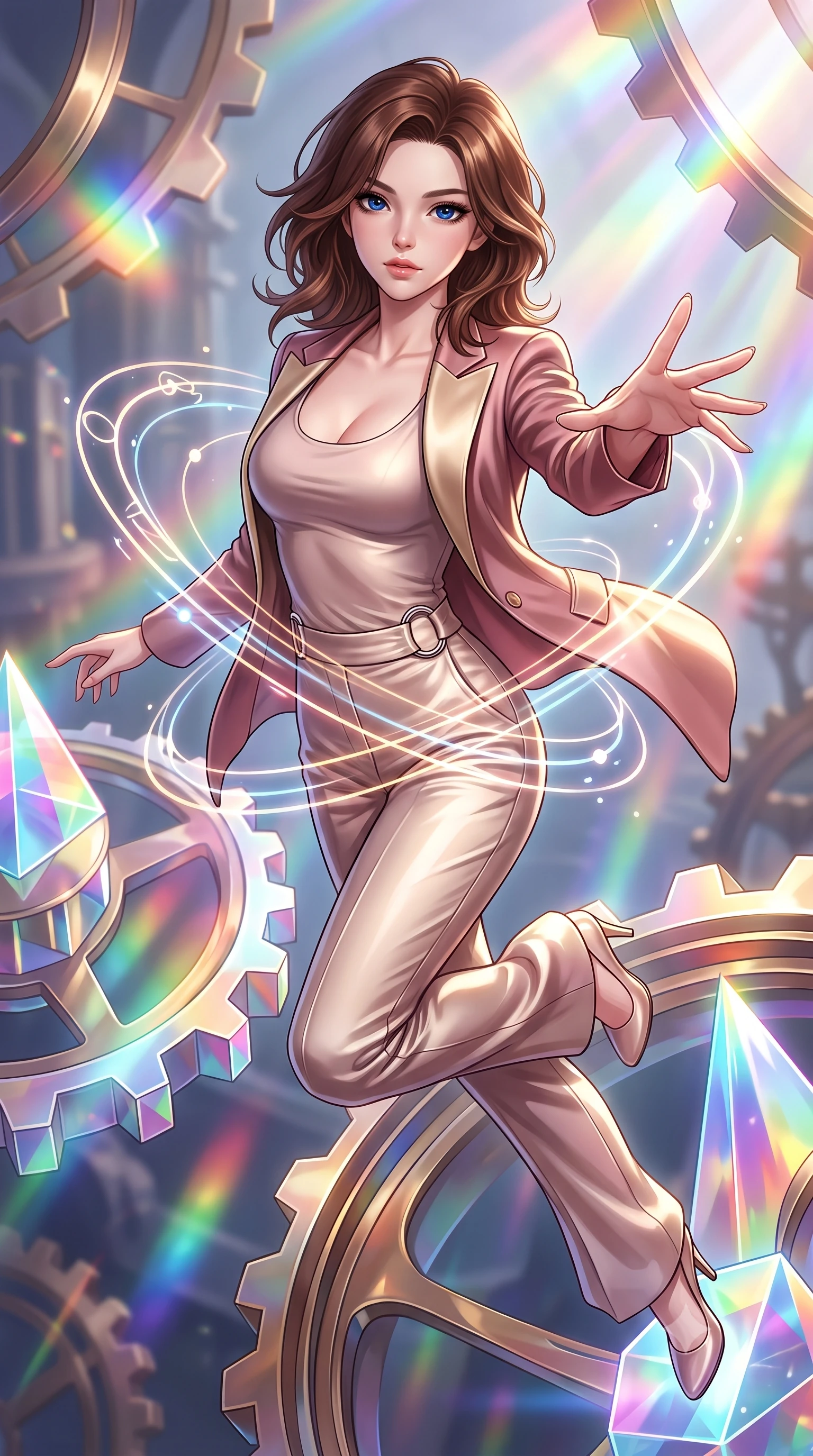 score_9, masterpiece, best quality, ultra-detailed, high-budget anime keyframe, editorial fashion photography, tasteful artistic composition, Korean woman. close-up cowboy shot from the waist and thighs up, the character dominates the composition, filling the frame with her large presence, background elements kept in soft focus. Reaching her hand gracefully toward the camera with magnetic allure, her torso turning in a dynamic S-curve alignment while leaping gracefully across floating polyhedral prism gears in an astral clockwork citadel, glowing orbital glyphs hovering in fluid circular paths around her torso. She has an exceptionally elegant, slender, and willowy female figure with an ultra-slim waist, a gracefully sculpted slender torso, and a refined silhouette. sharp v-shaped jawline, high-bridge nose, intricate jewel-like eyes with depth, thick eyelashes, glossy lips with a natural sheen, flawlessly proportioned anatomical accuracy, natural body alignment, perfectly sculpted elegant limbs, clean dynamic posture without body distortion. wearing a tailored silk blazer over a form-contouring scoop-neck top and slacks in dusty rose and champagne gold, crafted from lustrous satin jersey with fluid draping, accented with delicate chrome ring hardware framing her waist, the tailored fabric tightly following every curve of her athletic build. illuminated by cascading rainbow prismatic rays and rich metallic rim highlights. highly saturated vibrant anime colors, detailed shading with soft gradients, rich glossy textures, high-contrast stereoscopic depth, volumetric dynamic lighting, master piece, 9:16 ratio