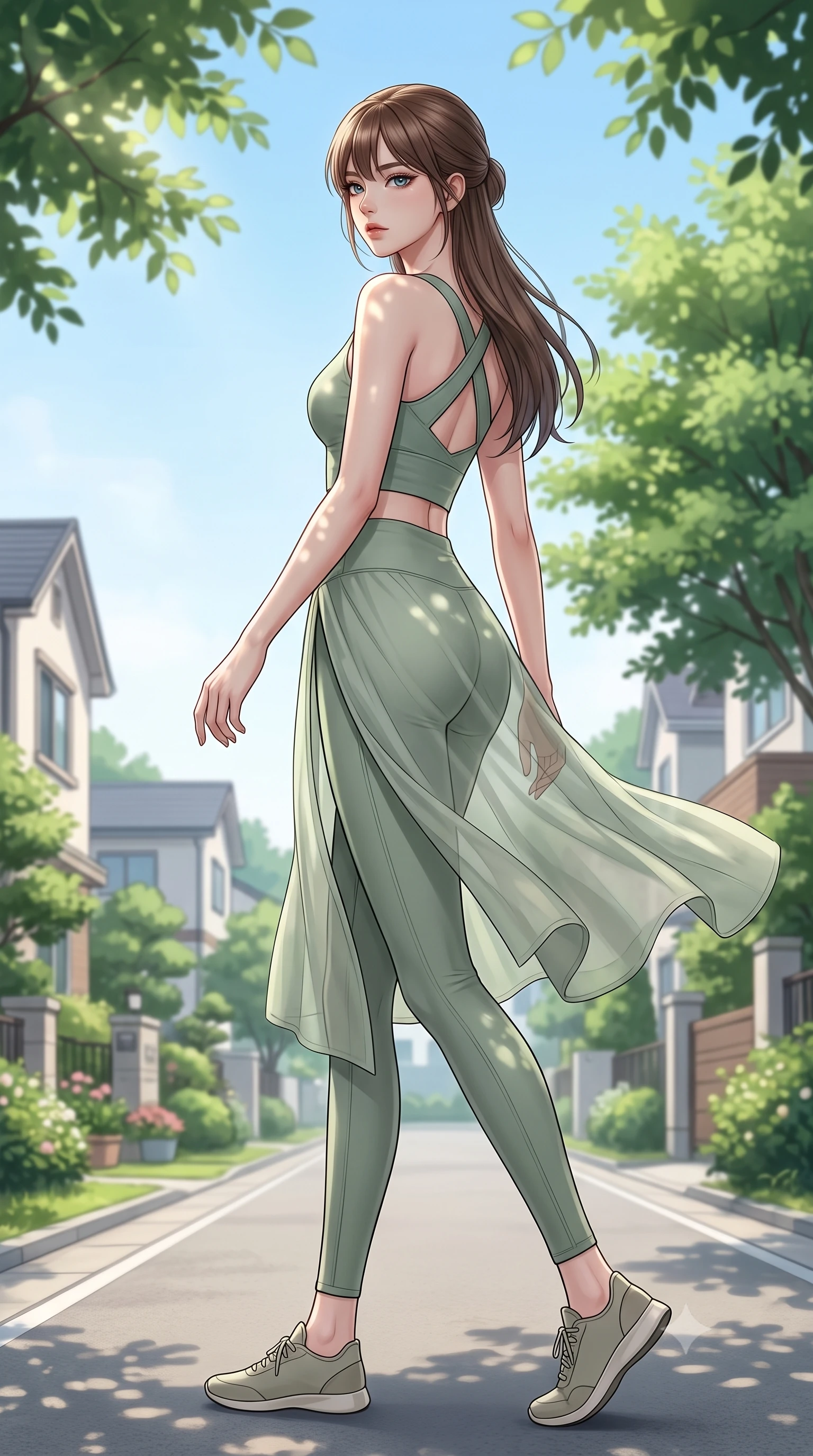 score_9, masterpiece, best quality, ultra-detailed, high-budget anime keyframe, editorial fashion photography, tasteful artistic composition, Korean woman woman. low angle full-body shot from head to toe showing her feet, filling the entire 9:16 vertical frame with her statuesque presence, stretching her vertical silhouette. stepping gracefully while looking back over her shoulder, her dress draped tightly to reveal her silhouette the background shows a soft-focus a quiet residential street lined with green trees and neat gardens under a clear sky. She has an absolutely perfect, statuesque 8.5-heads proportion, an exceptionally tall and slender model-like female figure with impossibly long slender legs and an ultra-slim waist. sharp v-shaped jawline, high-bridge nose, intricate jewel-like eyes with depth, thick eyelashes, glossy lips with a natural sheen. wearing a slim-fit form-fitting activewear set of a tailored cross-back crop top and matching tight leggings in sage green. soft dappled sunlight filtering through roadside tree leaves. 2k, ultra detail, master piece, 9:16 ratio