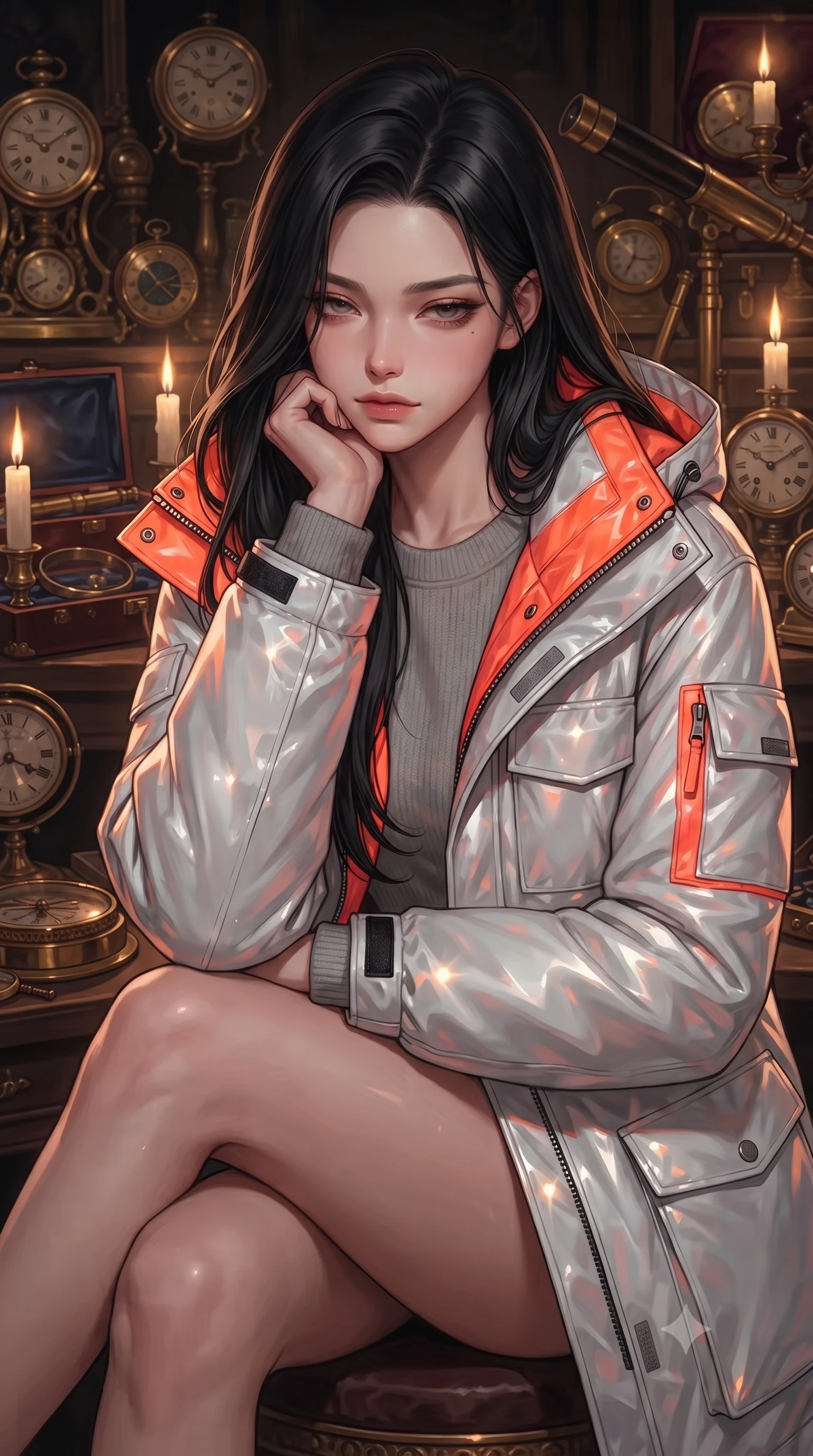 score_9, masterpiece, best quality, ultra-detailed, high-budget anime keyframe, editorial fashion photography, tasteful artistic composition, Korean woman. close-up cowboy shot from the waist and thighs up, the character dominates the composition, filling the frame with her large presence, background elements kept in soft focus. resting her chin on the backs of her fingers, casting a heavy-lidded, sultry look past the camera the background shows a soft-focus an antique shop corner filled with vintage clocks, telescopes, and velvet boxes. She has an exceptionally elegant, slender, and willowy female figure with an ultra-slim waist, a gracefully sculpted slender torso, and a refined silhouette. sharp v-shaped jawline, high-bridge nose, intricate jewel-like eyes with depth, thick eyelashes, glossy lips with a natural sheen. wearing a tailored heavy polar-station parka in white and neon orange tech-fabric, over a grey utility sweater. warm candlelight casting dramatic shadows on the brass instruments. ultra-reflective glossy finish, specular highlights, metallic sheen, high-contrast stereoscopic depth, volumetric dynamic lighting, 2k, ultra detail, master piece, 9:16 ratio