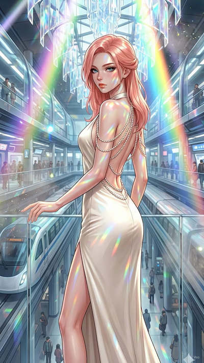 A high-budget anime film style video. Bright volumetric light beams stream through hanging crystals, refracting into dynamic, rotating rainbow flares that sweep across the frame. Shimmering dust motes float through the illuminated beams. The camera m