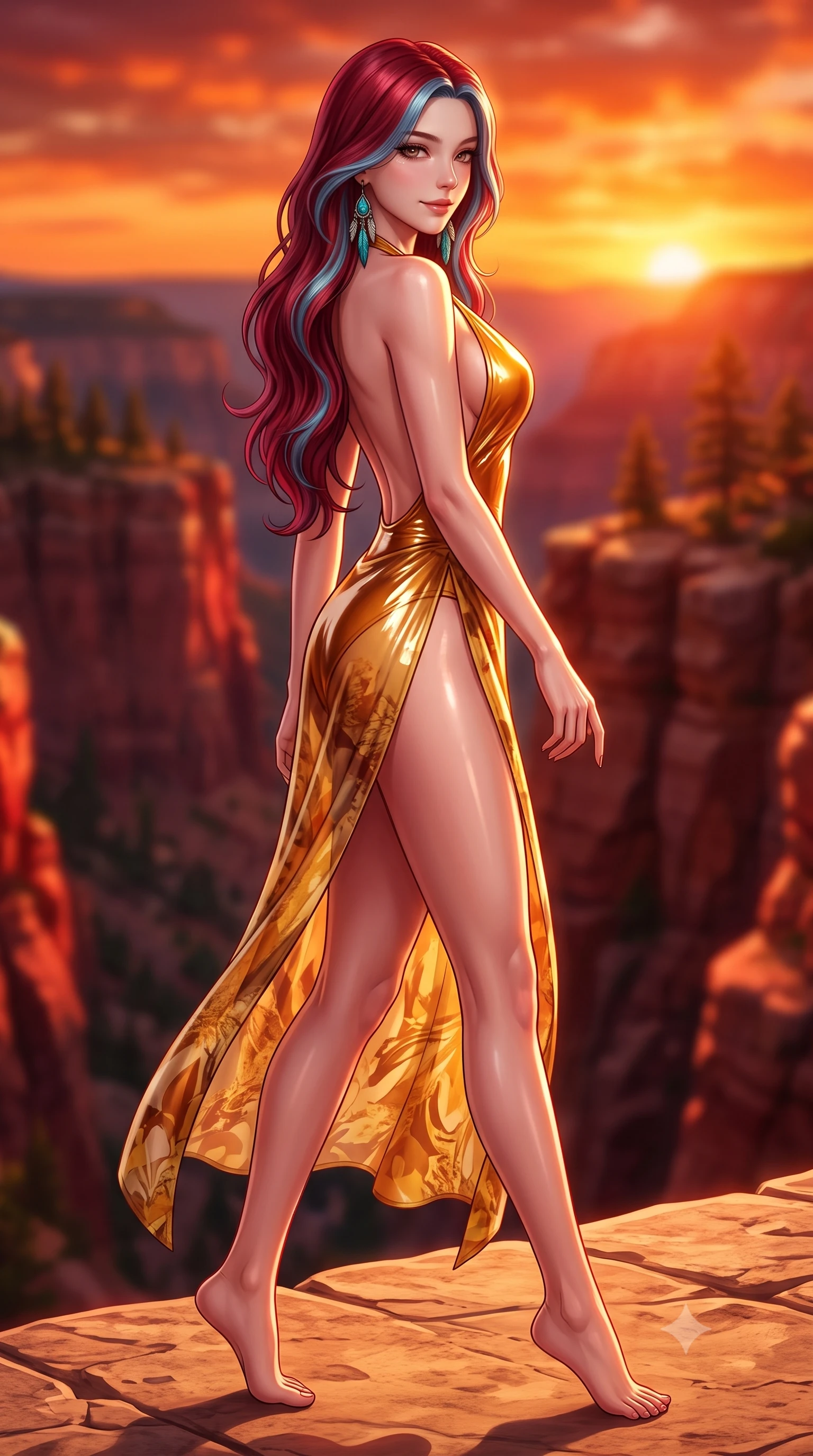 score_9, masterpiece, best quality, ultra-detailed, high-budget anime keyframe, semi-realistic 3D game render, editorial fashion photography, tasteful artistic composition, Caucasian woman. low angle full-body shot from head to toe showing her feet, filling the entire 9:16 vertical frame with her statuesque presence, stretching her vertical silhouette. walking along the terrace with poise, looking back over her bare shoulder with an irresistible smoldering bedroom-gaze while twisting her slender torso in an alluring S-curve, crimson vortex sunset light carving sharp highlights across her flat midriff and hips. The background shows a soft-focus deep canyon crevices, pine-dotted plateaus, and molten orange sunset sky blurred into crimson, copper, and fiery gold bokeh. She has an absolutely perfect, statuesque 8.5-heads proportion, an exceptionally tall and slender model-like female figure with impossibly long slender legs, an ultra-slim waist, a flat toned midriff, narrow delicate ribcage, and beautifully sculpted feminine hips creating a graceful, slim hourglass silhouette without any bulky heaviness. sharp v-shaped jawline, high-bridge nose, sparkling eyes with hypnotic seductive depth, thick curled eyelashes, glossy parted lips with a natural dewy peach sheen, alluring bedroom-eyes with an enchanting coquettish smile, exuding magnetic siren charisma and sophisticated glamour, flawlessly proportioned anatomical accuracy, strict slender model proportions, natural body alignment, perfectly sculpted long slender limbs, ultra-slim waistline, clean dynamic posture without body distortion. wearing a plunging halterneck second-skin maillot swimsuit with deep backless scoop and high-slit chiffon beach wrap in warm amber honey and antique gold leaf, crafted from wet-look high-gloss vinyl fabric with dazzling specular surface reflections, accented with turquoise and silver bohemian feather earrings swaying near her bare neck, the form-contouring silhouette accentuating her sculpted flat midriff, narrow delicate ribcage, and gracefully curvy hips with intoxicating allure. bathed in intense crimson-and-gold sunset illumination bouncing directly off the canyon rock walls. highly saturated vibrant anime colors, detailed shading with soft gradients, rich glossy textures, high-contrast stereoscopic depth, volumetric dynamic lighting, master piece, 9:16 ratio