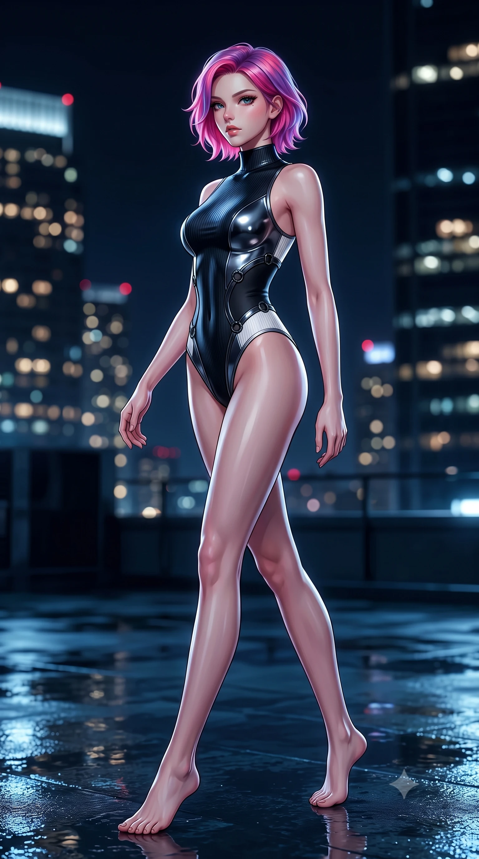 score_9, masterpiece, best quality, ultra-detailed, high-budget anime keyframe, editorial fashion photography, tasteful artistic composition, Caucasian woman. low angle full-body shot from head to toe showing her feet, filling the entire 9:16 vertical frame with her statuesque presence, stretching her vertical silhouette. navigating the private sanctuary with an effortless, graceful stride, looking back over her shoulder as city skyscraper lights form soft bokeh, alluring nocturnal lifestyle composition. She has an absolutely perfect, statuesque 8.5-heads proportion, an exceptionally tall and slender model-like female figure with impossibly long slender legs and an ultra-slim waist. sharp v-shaped jawline, high-bridge nose, intricate jewel-like eyes with depth, thick eyelashes, glossy lips with a natural sheen. wearing sleek high-neck ribbed activewear bodysuit in matte black in pearl white, made of sculpted obsidian metallic chrome, trimmed with dark chrome ring hardware along the waist contours, highlighting her statuesque proportions and ultra-slim waistline. bathed in wet nocturnal reflections against deep dark pitch-black shadows. highly saturated vibrant anime colors, detailed shading with soft gradients, rich glossy textures, high-contrast stereoscopic depth, volumetric dynamic lighting, master piece, 9:16 ratio