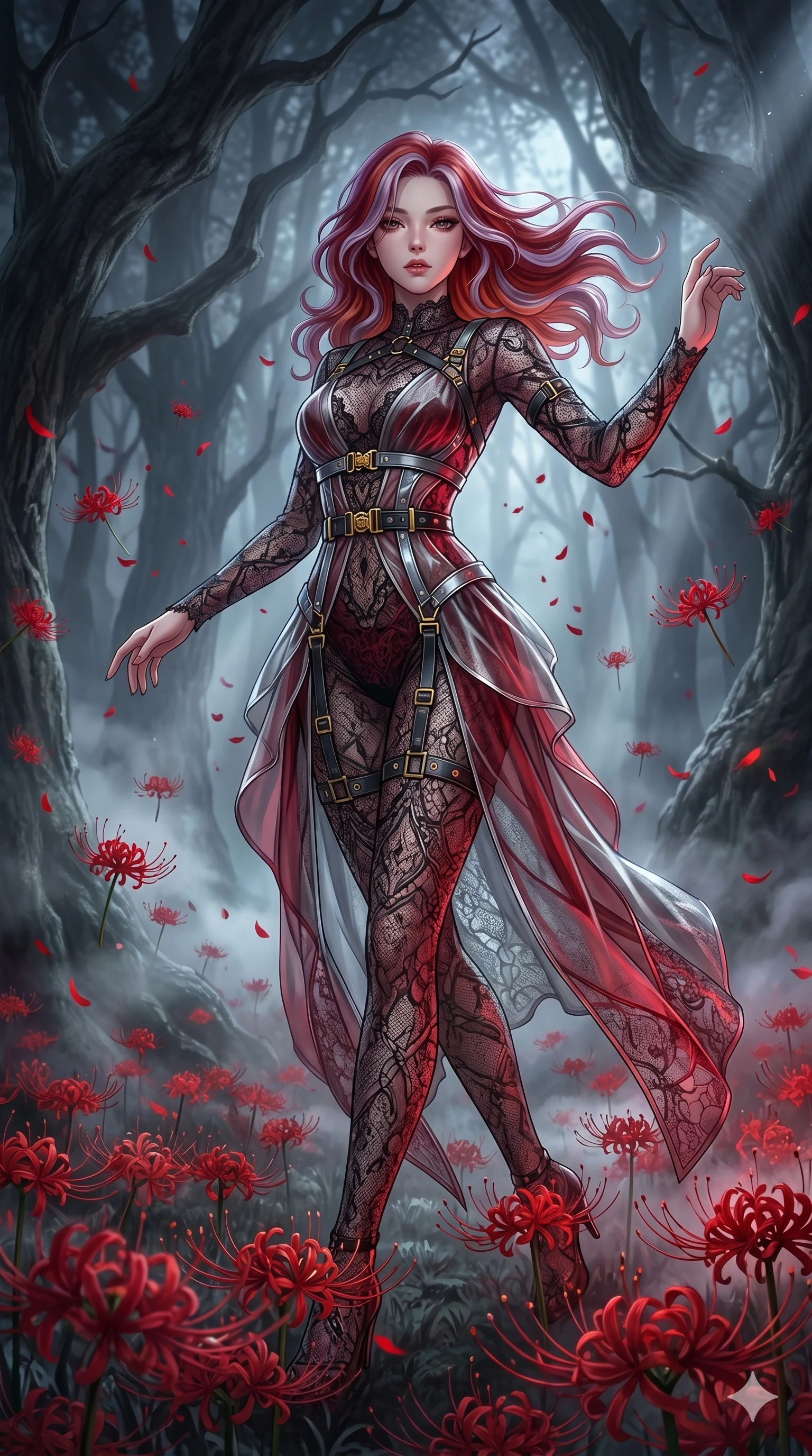score_9, masterpiece, best quality, ultra-detailed, High-budget Anime Keyframe, East Asian woman. Low angle cowboy shot filling the entire 9:16 frame with her statuesque presence. Scenario 85: Dancing amidst falling red spider lilies in a misty dark forest. Her presence is magnetic and overpowering in this high-budget anime scene. Outfit 85: A delicate technical lace designed with a artistic translucent overlays and metallic buckles. The clothing is designed to emphasize her exceptionally tall and slender 8-heads proportion. 8-heads proportion, towering silhouette, ultra-slim waist. sharp v-shaped jawline, intricate jewel-like eyes with depth, thick eyelashes, glossy lips. 2k, ultra detail, master piece, 9:16 ratio