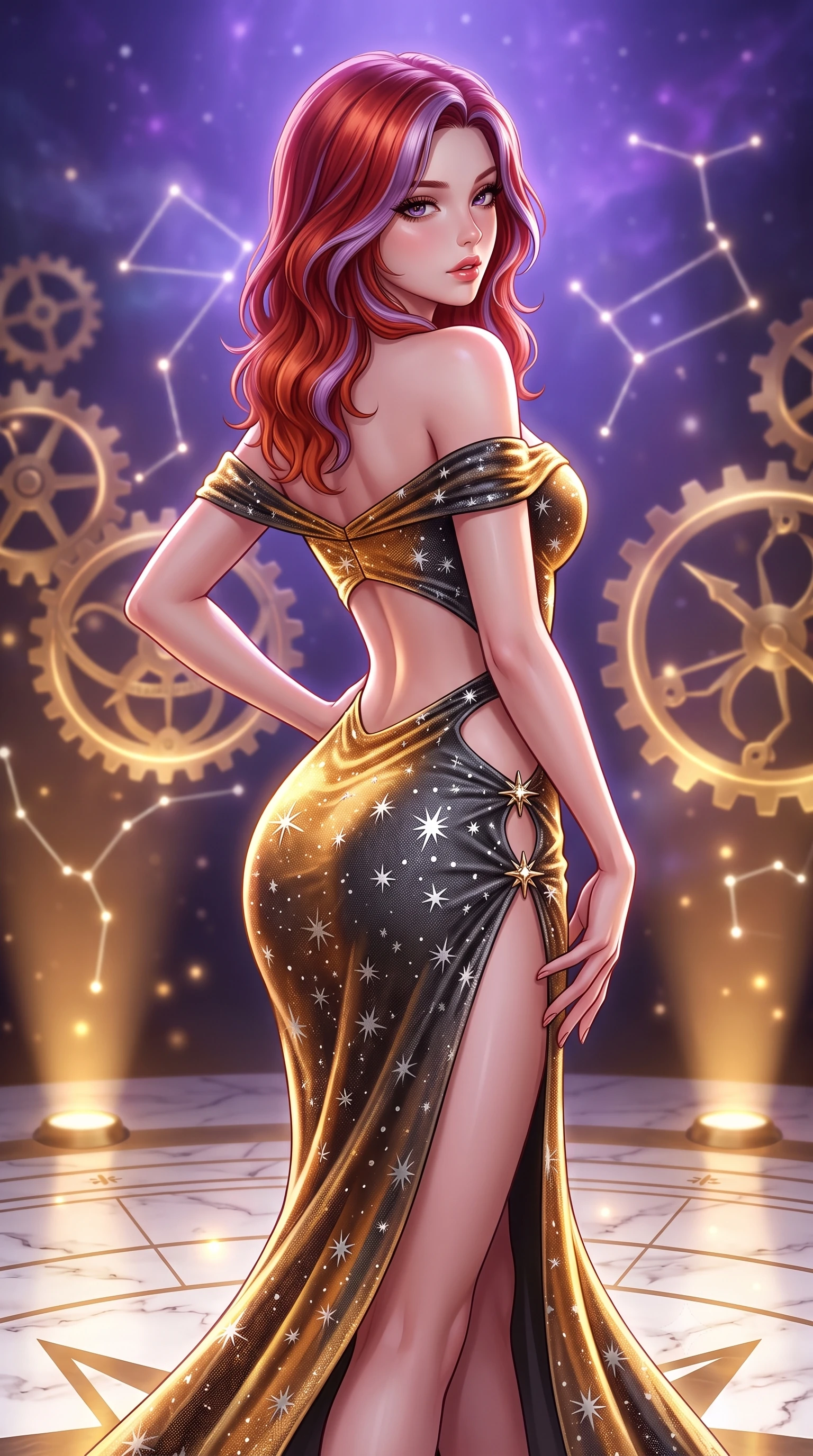 score_9, masterpiece, best quality, ultra-detailed, high-budget anime keyframe, semi-realistic 3D game render, editorial fashion photography, tasteful artistic composition, Caucasian woman. close-up cowboy shot from the waist and thighs up, the character dominates the composition, filling the frame with her large presence. posing in an alluring rear three-quarter angle, arching her lower back in a pronounced S-curve with one hand on her hip, glancing seductively over her bare shoulder with parted glossy lips while striding across the illuminated marble star-chart floor, hips swaying with sovereign cosmic empress charisma. The composition keeps background elements in soft focus with creamy bokeh. glowing brass astrolabe gears and constellation hologram lines softened in romantic shallow focus. She has an exceptionally elegant, slender, and willowy female figure with an ultra-slim waist, a gracefully sculpted slender torso, toned flat midriff, and rounded feminine hips creating an alluring hourglass silhouette. sharp v-shaped jawline, high-bridge nose, intricate jewel-like eyes with depth, thick eyelashes, glossy parted lips with a natural sheen, intensely captivating and seductive bedroom-eyes expression, flawlessly proportioned anatomical accuracy, strict slender model proportions, natural body alignment, perfectly sculpted long slender limbs, ultra-slim waistline, clean dynamic posture without body distortion. wearing an off-shoulder celestial velvet gown with an architectural open-waist cutout and high side slit in molten starlight gold and dark gunmetal, made of sheer contouring power-mesh with silver starburst flocking, finished with an ultra-high side slit secured by miniature starburst clasps, the glove-like aerodynamic silhouette tightly following the natural contour of her hips and long slender legs with statuesque precision. bathed in cool violet nebula glow from above and warm golden brass indicator uplights. highly saturated vibrant anime colors, detailed shading with soft gradients, rich glossy textures, high-contrast stereoscopic depth, volumetric dynamic lighting, master piece, 9:16 ratio