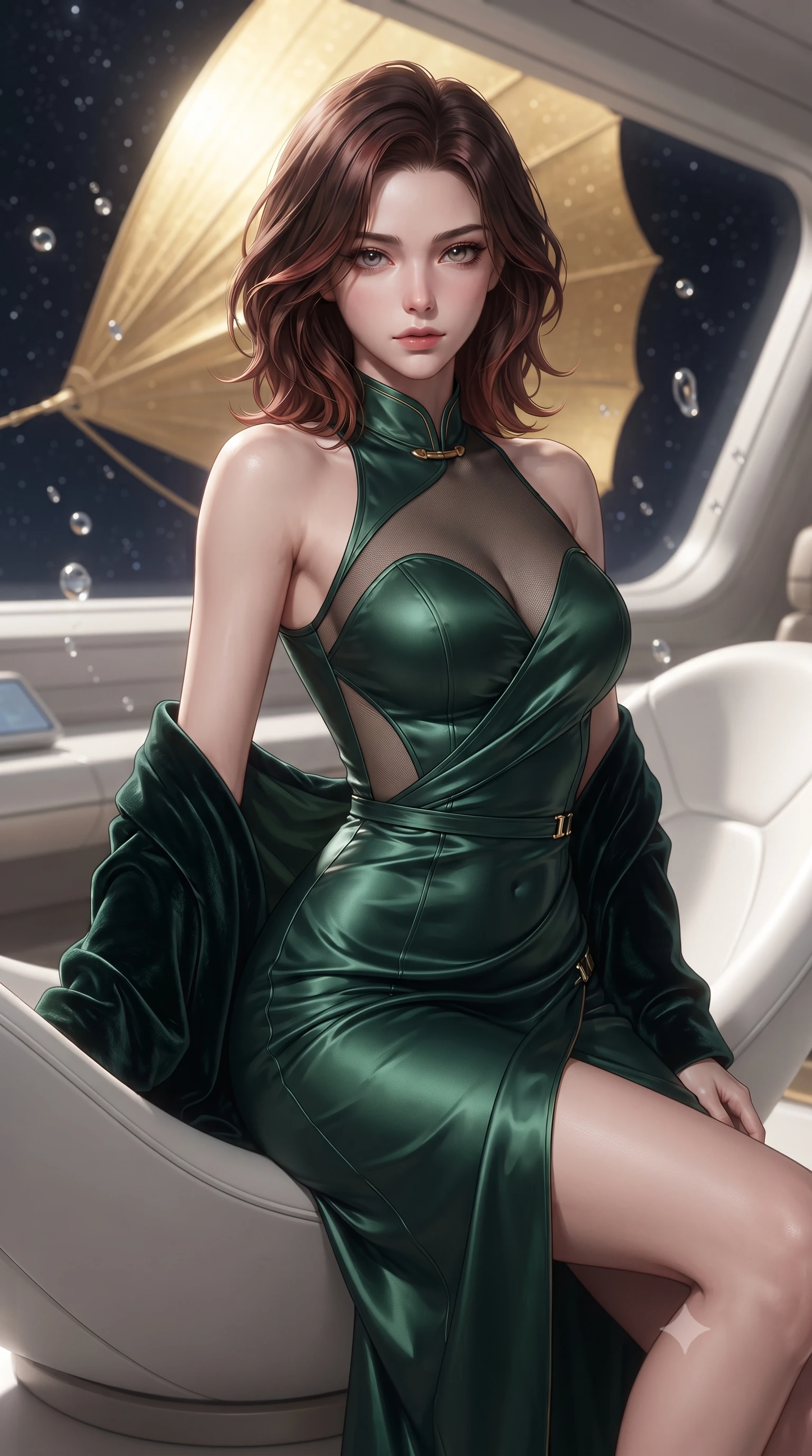 score_9, masterpiece, best quality, ultra-detailed, high-budget anime keyframe, editorial fashion photography, tasteful artistic composition, Korean woman. close-up cowboy shot from the waist and thighs up, the character dominates the composition, filling the frame with her large presence. leaning back with relaxed seductive grace, her sculpted collarbones and narrow waist highlighted as she casts smoldering bedroom-eyes directly into the camera while perching on the rim of a white composite observation lounger, arching her lower back as a colossal golden solar sail billows majestically against the starlit void. The composition keeps background elements in soft focus with creamy bokeh. floating zero-gravity droplets and sleek yacht bulkhead ribs softened in glamorous sci-fi shallow focus. She has an exceptionally elegant, slender, and willowy female figure with an ultra-slim waist, flat toned midriff, narrow ribcage, and sculpted feminine hips creating an alluring, slim hourglass silhouette without bulk. sharp v-shaped jawline, high-bridge nose, intricate jewel-like eyes with depth, thick eyelashes, glossy parted lips with a natural sheen, intensely captivating and seductive bedroom-eyes expression, flawlessly proportioned anatomical accuracy, strict slender model proportions, natural body alignment, perfectly sculpted long slender limbs, ultra-slim waistline, clean dynamic posture without body distortion. wearing a wet-look silk fusion wrap dress with asymmetrical sheer mesh cutouts and high Mandarin collar in deep emerald green satin and gold hardware, made of fluid silk crepe with delicate inner corsetry boning, complemented by a plush velvet shawl draped loosely over her elbows, the form-contouring material adhering flawlessly to her sculpted flat midriff and slender torso, emphasizing her long leg lines and perfectly proportioned willowy build. illuminated by cool starlight rim lighting defining her sculpted collarbones, ultra-slim waist, and curvy hips. ultra-reflective glossy finish, specular highlights, rich textural contrasts, high-contrast stereoscopic depth, volumetric dynamic lighting, 2k, ultra detail, master piece, 9:16 ratio