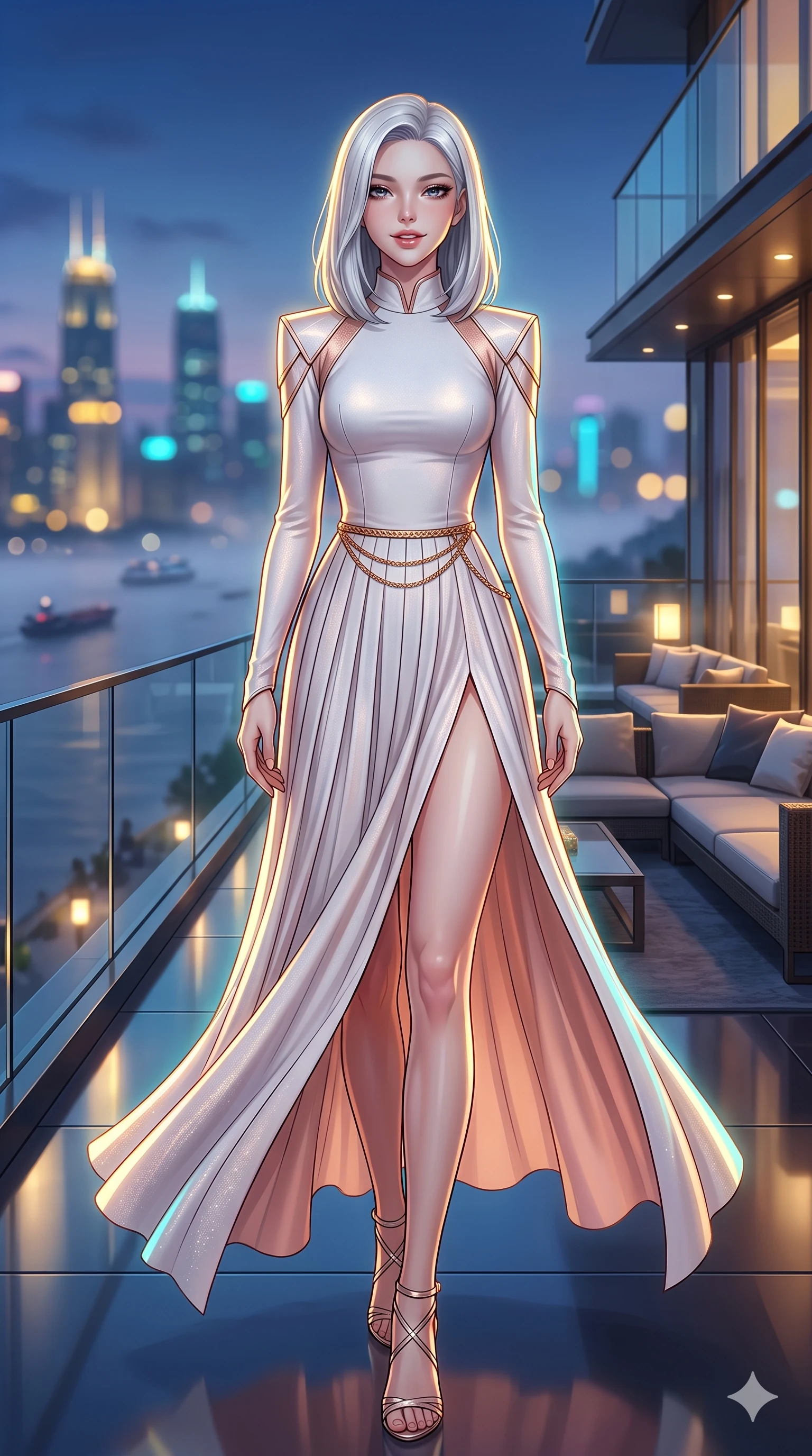 score_9, masterpiece, best quality, ultra-detailed, high-budget anime keyframe, semi-realistic 3D game render, editorial fashion photography, tasteful artistic composition, Korean woman. low angle full-body shot from head to toe showing her feet, filling the entire 9:16 vertical frame with her statuesque presence, stretching her vertical silhouette. striding across the penthouse terrace as river breezes whip her high-slit dress open, accentuating her long slender legs and curvy hips while lounging in a velvet chaise lounge propped on one elbow with legs crossed, flashing an intoxicating smile with parted glossy lips as river traffic glides past. The background shows a soft-focus distant skyscraper spires and Huangpu river mist blurred into gold, cyan, and deep indigo bokeh. She has an exceptionally tall and slender model-like 8.5-heads proportion, an ultra-slim waist, a flat toned midriff, narrow delicate ribcage, and beautifully sculpted feminine hips creating a graceful, slim hourglass silhouette without any bulky heaviness, with impossibly long slender legs. sharp v-shaped jawline, high-bridge nose, intricate jewel-like sparkling eyes with depth, thick eyelashes, glossy parted lips with a natural sheen, intensely captivating and seductive bedroom-eyes expression, exuding both youthful cute charm and sovereign luxury allure, flawlessly proportioned anatomical accuracy, strict slender model proportions, natural body alignment, perfectly sculpted long slender limbs, ultra-slim waistline, clean dynamic posture without body distortion. wearing a refined long-sleeve high-collar silk georgette diplomatic gown with structured geometric shoulder plates and pleated skirt in celestial porcelain white and rose-gold, woven from high-density tech-wool with subtle metallic thread weave, accented with a delicate gold chain belt resting loosely on her curvy hips, the impeccably tailored cut draping gracefully along her slender figure with aristocratic poise. illuminated by floor reflections and sharp gold-cyan rim lights defining her razor-sharp jawline, narrow waist, and curvy hips. highly saturated vibrant anime colors, detailed shading with soft gradients, rich glossy textures, high-contrast stereoscopic depth, volumetric dynamic lighting, master piece, 9:16 ratio