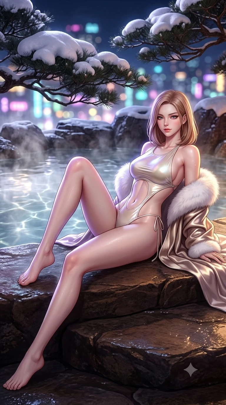 score_9, masterpiece, best quality, ultra-detailed, high-budget anime keyframe, semi-realistic 3D game render, editorial fashion photography, tasteful artistic composition, Korean woman. low angle full-body shot from head to toe showing her feet, filling the entire 9:16 vertical frame with her statuesque presence, stretching her vertical silhouette. reclining on her side in an elegant Cleopatra pose with one knee drawn up, the dramatic contour of her rounded hips and long slender legs commanding the 9:16 vertical frame while reclining on the warm stone ledge with one leg extended, her sculpted silhouette and flat midriff radiating magnetic nocturnal glamour. The background shows a soft-focus natural hot spring rock ledges, heavy snow mounds on black pine branches, and neon city lights blurred into tranquil pastel bokeh. She has an absolutely perfect, statuesque 8.5-heads proportion, an exceptionally tall and slender model-like female figure with impossibly long slender legs, an ultra-slim waist, a flat toned midriff, narrow delicate ribcage, and beautifully sculpted feminine hips creating a graceful, slim hourglass silhouette without any bulky heaviness. sharp v-shaped jawline, high-bridge nose, sparkling eyes with hypnotic seductive depth, thick curled eyelashes, glossy parted lips with a natural dewy peach sheen, alluring bedroom-eyes with an enchanting coquettish smile, exuding magnetic siren charisma and sophisticated glamour, flawlessly proportioned anatomical accuracy, strict slender model proportions, natural body alignment, perfectly sculpted long slender limbs, ultra-slim waistline, clean dynamic posture without body distortion. wearing an extreme cutout liquid vinyl monokini with ultra-high French leg cuts and razor-thin hip ties in iridescent pearl white and champagne titanium, woven from ultra-luxurious 40mm heavy mulberry silk charmeuse that falls in rich liquid folds, trimmed with plush white arctic fox faux-fur lining along the collar and cuffs, the bespoke structured tailoring following the natural line of her 8.5-heads silhouette with refined elegance. illuminated by tub water caustics and sharp platinum-violet rim lights defining her delicate clavicles, ultra-slim waist, and curvy hips. highly saturated vibrant anime colors, detailed shading with soft gradients, rich glossy textures, high-contrast stereoscopic depth, volumetric dynamic lighting, master piece, 9:16 ratio