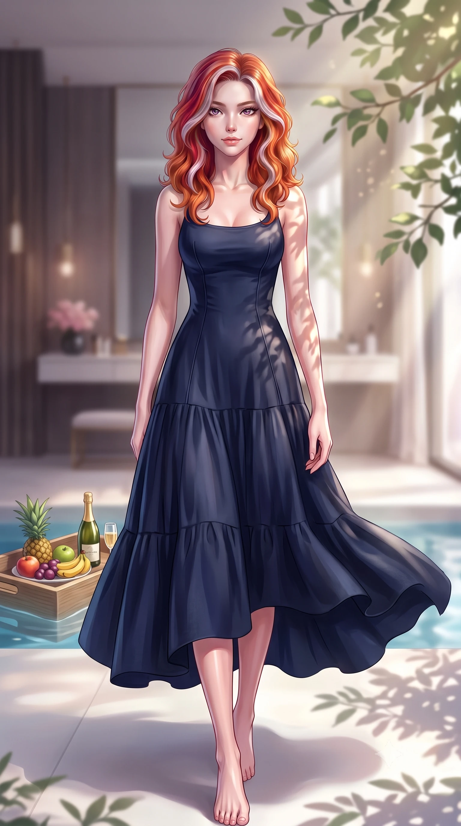 score_9, masterpiece, best quality, ultra-detailed, high-budget anime keyframe, editorial fashion photography, tasteful artistic composition, Caucasian woman. low angle full-body shot from head to toe showing her feet, filling the entire 9:16 vertical frame with her statuesque presence, stretching her vertical silhouette. striding forward with quiet confidence and a smoldering half-smile, holding intense eye contact with the viewer set against a soft-focus background of inside an exclusive vanity suite with a floating pool tray of tropical fruits and chilled wine in soft focus. She has an absolutely perfect, statuesque 8.5-heads proportion, an exceptionally tall and slender model-like female figure with impossibly long slender legs and an ultra-slim waist. sharp v-shaped jawline, high-bridge nose, intricate jewel-like eyes with depth, thick eyelashes, glossy lips with a natural sheen. wearing form-contouring midnight navy matte silk flowy linen sundress with a comfortable tiered skirt silhouette featuring refined tailored seams. highlighted by dappled sunlight filtering through leafy branches, creating soft organic patterns. highly saturated vibrant anime colors, detailed shading with soft gradients, rich glossy textures, high-contrast stereoscopic depth, volumetric dynamic lighting, master piece, 9:16 ratio