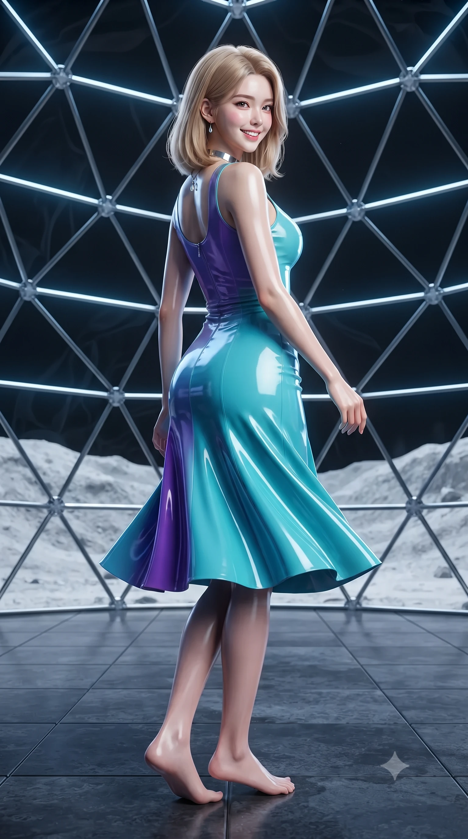 score_9, masterpiece, best quality, ultra-detailed, high-budget anime keyframe, editorial fashion photography, tasteful artistic composition, Korean woman. low angle full-body shot from head to toe showing her feet, filling the entire 9:16 vertical frame with her statuesque presence, stretching her vertical silhouette. executing a slow, graceful pivot turn as her skirt sways around her slender legs, glancing back with an enchanting, teasing sensual expression while standing poised inside the pressurized geodesic glass dome overlooking the towering lunar mountain rims of Shackleton Crater, arching her spine with ethereal supermodel poise. The surrounding environment is rendered in vivid detail and crisp panoramic clarity: sharp faceted geodesic glass node brackets, pristine lunar regolith texture outside, and polished lunar glass tiles inside in deep focus. She has an exceptionally tall and slender model-like 8.5-heads proportion, an ultra-slim waist, a flat toned midriff, narrow delicate ribcage, and beautifully sculpted feminine hips creating a graceful, slim hourglass silhouette without any bulky heaviness, with impossibly long slender legs. sharp v-shaped jawline, high-bridge nose, intricate jewel-like sparkling eyes with depth, thick eyelashes, glossy parted lips with a natural peach sheen, bright cheerful beaming smile with an enchanting and coquettish sensual glint, exuding both youthful cute charm and seductive allure, flawlessly proportioned anatomical accuracy, strict slender model proportions, natural body alignment, perfectly sculpted long slender limbs, ultra-slim waistline, clean dynamic posture without body distortion. wearing a glove-like stretch lambskin leather dress with seamless sculpting hold adhering tightly to her silhouette in Cheonggyecheon neon aqua and ultraviolet amethyst, tailored from high-gloss patent leather with mirror-like specular highlights, finished with a minimalist chrome choker and a single teardrop diamond pendant, the liquid-tight tailored fabric clinging flawlessly to her narrow waist and rounded feminine hips, emphasizing every millimeter of her sculpted slim hourglass curves without any bulky heaviness. illuminated by basalt tile reflection bounce and sharp Earth-blue rim lights sculpting her jawline, narrow waist, and curvy hips. ultra-reflective glossy finish, specular highlights, rich textural contrasts, high-contrast stereoscopic depth, volumetric dynamic lighting, 2k, ultra detail, master piece, 9:16 ratio