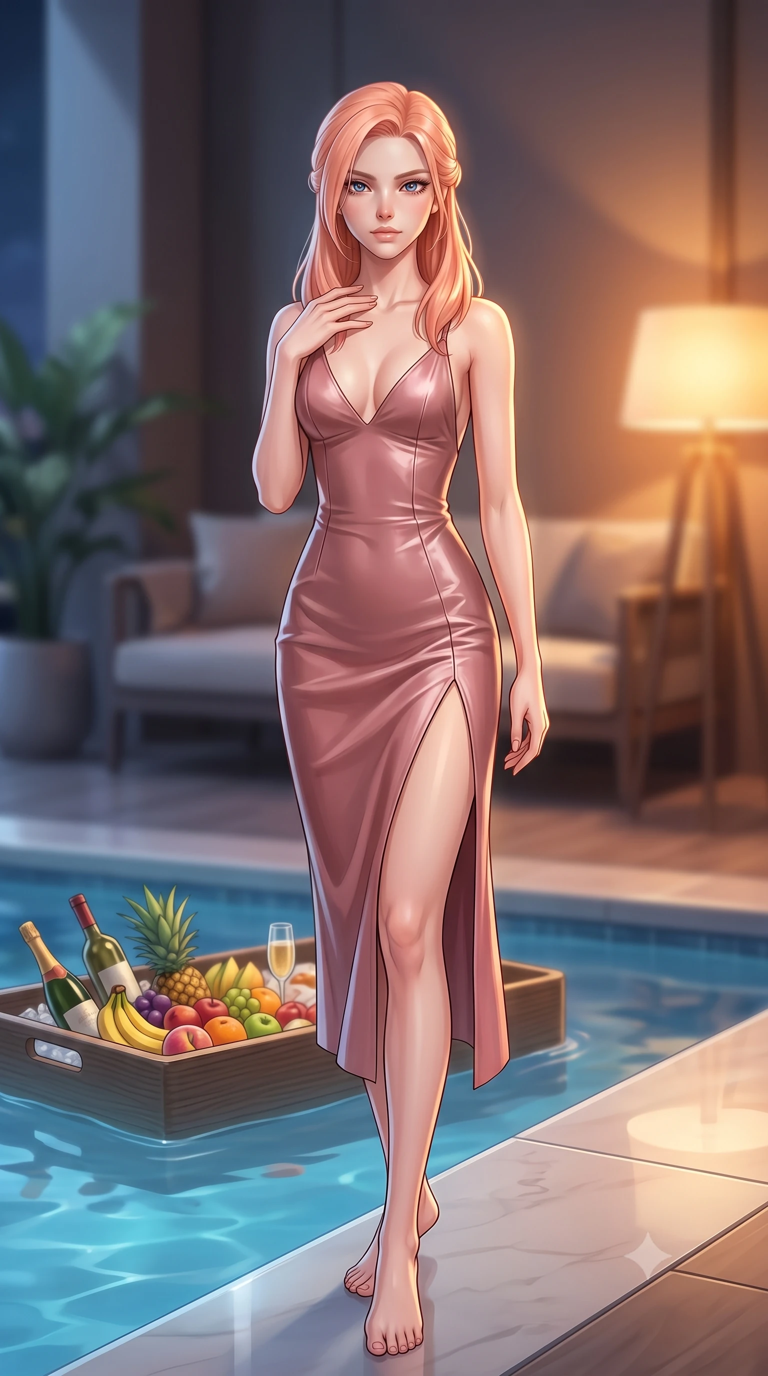 score_9, masterpiece, best quality, ultra-detailed, high-budget anime keyframe, editorial fashion photography, tasteful artistic composition, Japanese woman. low angle full-body shot from head to toe showing her feet, filling the entire 9:16 vertical frame with her statuesque presence, stretching her vertical silhouette. posing cutely yet provocatively, resting one hand against her collarbone while gazing deeply into the lens set against a soft-focus background of inside an exclusive cocktail lounge with a floating pool tray of tropical fruits and chilled wine in soft focus. She has an absolutely perfect, statuesque 8.5-heads proportion, an exceptionally tall and slender model-like female figure with impossibly long slender legs and an ultra-slim waist. sharp v-shaped jawline, high-bridge nose, intricate jewel-like eyes with depth, thick eyelashes, glossy lips with a natural sheen. wearing tailored dusty rose glossy leather open-back silk slip dress featuring a deep V-neckline and a leg-lengthening side slit featuring refined tailored seams. illuminated by soft silver moonlight contrasting with the warm amber glow of a nearby lamp. highly saturated vibrant anime colors, detailed shading with soft gradients, rich glossy textures, high-contrast stereoscopic depth, volumetric dynamic lighting, master piece, 9:16 ratio