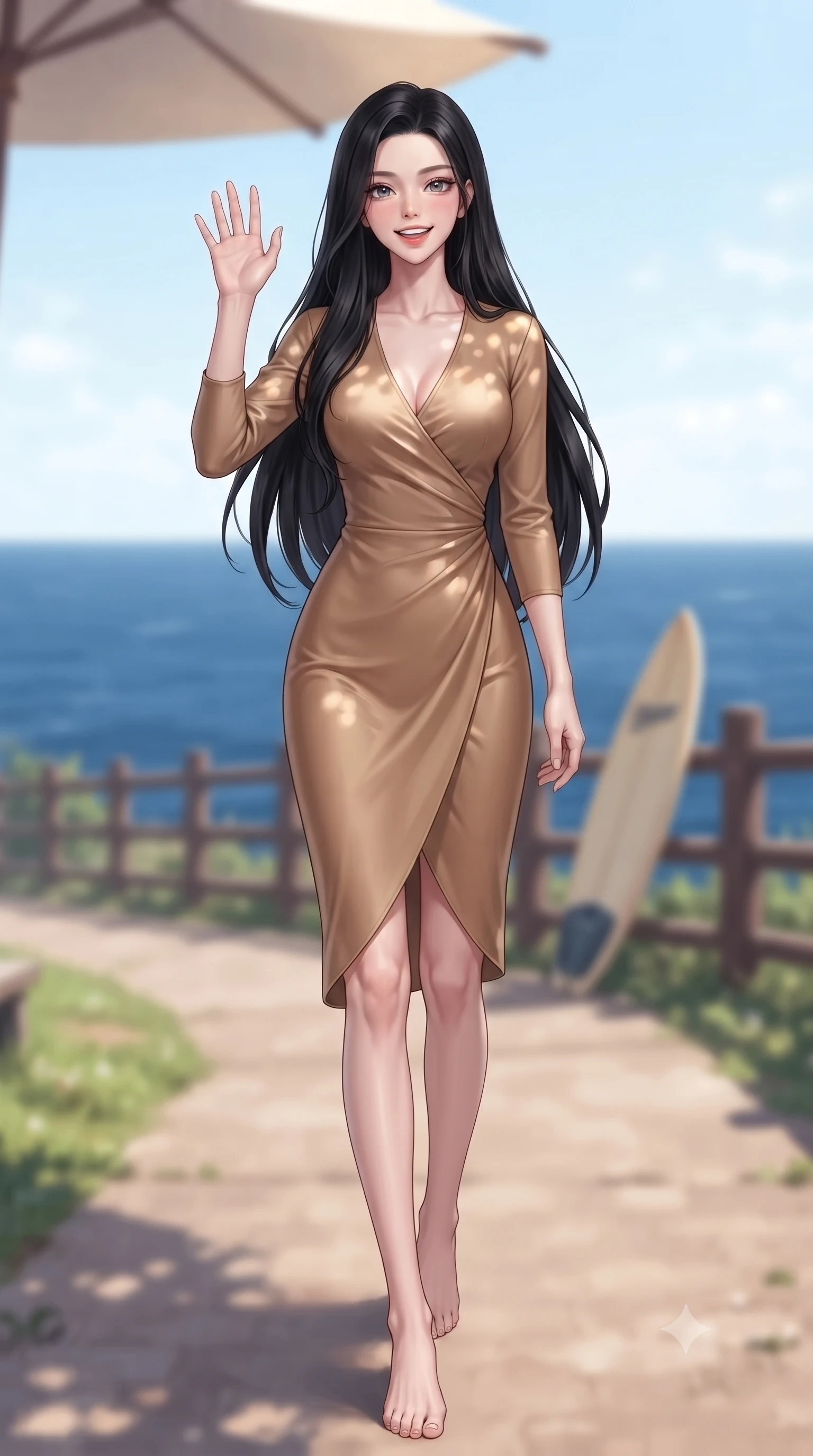 score_9, masterpiece, best quality, ultra-detailed, high-budget anime keyframe, editorial fashion photography, tasteful artistic composition, Korean woman. low angle full-body shot from head to toe showing her feet, filling the entire 9:16 vertical frame with her statuesque presence, stretching her vertical silhouette. stepping forward with a bright, cheerful smile, waving happily at the viewer set against a soft-focus background of at a coastal lighthouse park path overlooking the deep blue sea with a surfboard resting against a wooden fence in soft focus behind her. She has an absolutely perfect, statuesque 8.5-heads proportion, an exceptionally tall and slender model-like female figure with impossibly long slender legs and an ultra-slim waist. sharp v-shaped jawline, high-bridge nose, intricate jewel-like eyes with depth, thick eyelashes, glossy lips with a natural sheen. wearing slim-fit form-contouring silk wrap dress in camel, outlining her slender waist. dappled sunlight filtering through a beach umbrella onto her shoulders. highly saturated vibrant anime colors, detailed shading with soft gradients, rich glossy textures, high-contrast stereoscopic depth, volumetric dynamic lighting, master piece, 9:16 ratio