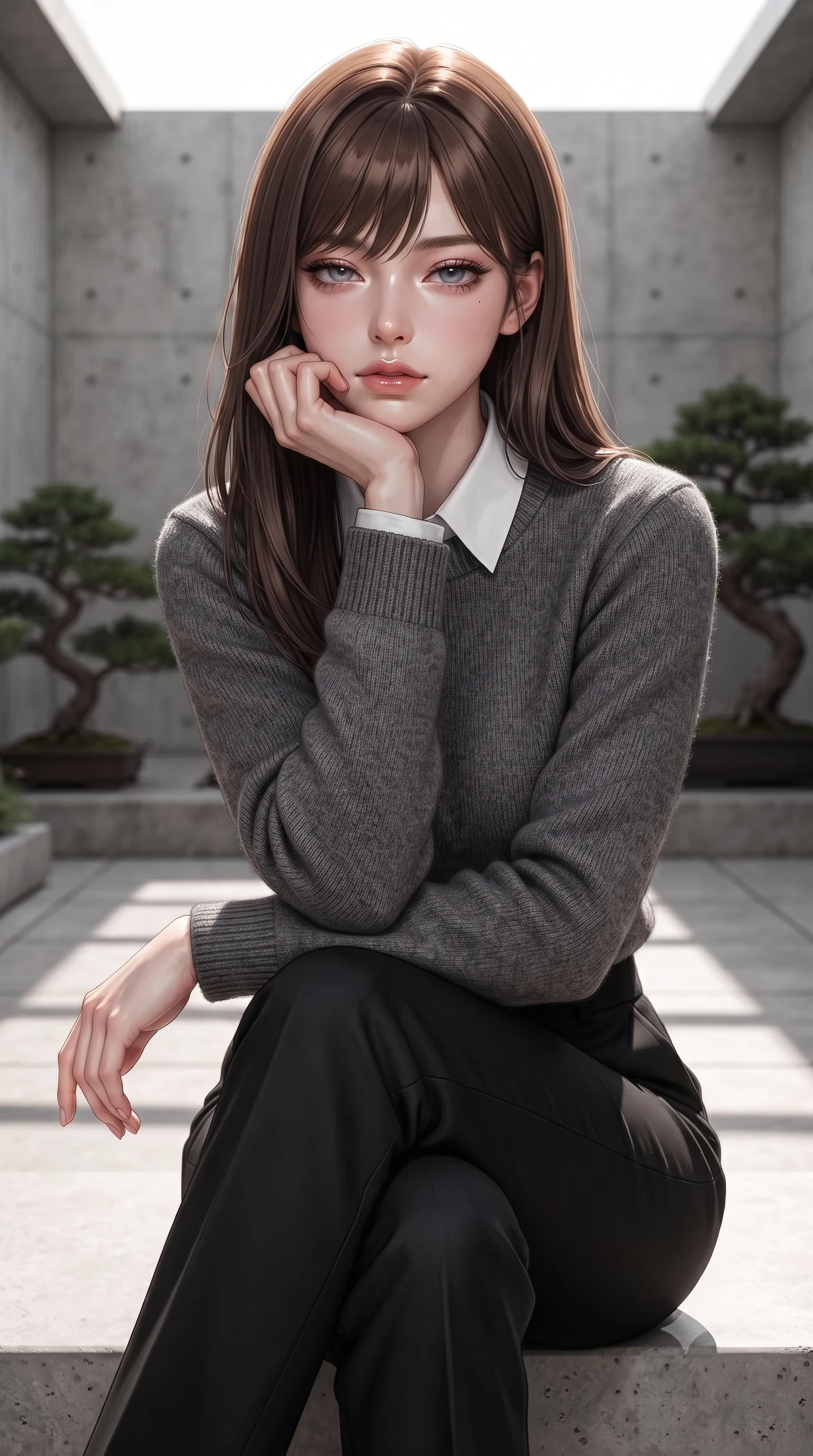 score_9, masterpiece, best quality, ultra-detailed, high-budget anime keyframe, editorial fashion photography, tasteful artistic composition, Korean woman woman. close-up cowboy shot from the waist and thighs up, the character dominates the composition, filling the frame with her large presence, background elements kept in soft focus. resting her chin on the backs of her fingers, casting a heavy-lidded, sultry look past the camera the background shows a soft-focus a minimalist outdoor bath deck with concrete walls and bonsai landscaping. She has an exceptionally elegant, slender, and willowy female figure with an ultra-slim waist, a gracefully sculpted slender torso, and a refined silhouette. sharp v-shaped jawline, high-bridge nose, intricate jewel-like eyes with depth, thick eyelashes, glossy lips with a natural sheen. wearing a tailored cozy charcoal grey knit sweater over a white collared shirt and black slacks. sharp morning sunbeams casting clean, structured shadows across the deck. ultra-reflective glossy finish, specular highlights, metallic sheen, high-contrast stereoscopic depth, volumetric dynamic lighting, 2k, ultra detail, master piece, 9:16 ratio