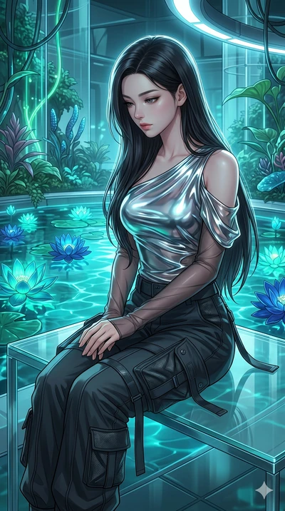 score_9, masterpiece, best quality, ultra-detailed, high-budget anime keyframe, Korean woman. Upper body close-up from the thighs up, character filling the screen for maximum presence. Inside a biotech garden next to a glass pond with glowing lotus f