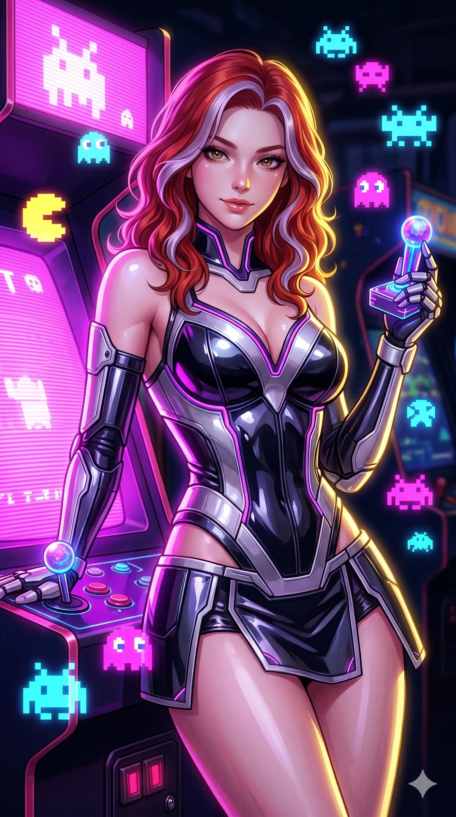 score_9, masterpiece, best quality, ultra-detailed, high-budget anime keyframe, Caucasian woman, strictly human ears. Upper body close-up from the thighs up, character filling the screen for maximum presence. She is leaning back against a glowing retro arcade cabinet, surrounded by floating pixelated neon icons. She holds a glowing joystick with a teasing, commanding smile. She has an absolutely perfect 8-heads proportion, a tall and elegant figure with a refined silhouette and a defined waistline. V-shaped jawline, high-bridge nose, intricate jewel-like eyes with depth, thick eyelashes, glossy lips with a natural sheen. She is wearing a structured cybernetic bodice in glossy vinyl panels, paired with detached sleeves and a refined V-neckline detailed with glowing piping. The scene is illuminated by bright pink and violet neon screen glare and a sharp yellow ambient rim light. 2k, ultra detail, master piece, 9:16 ratio