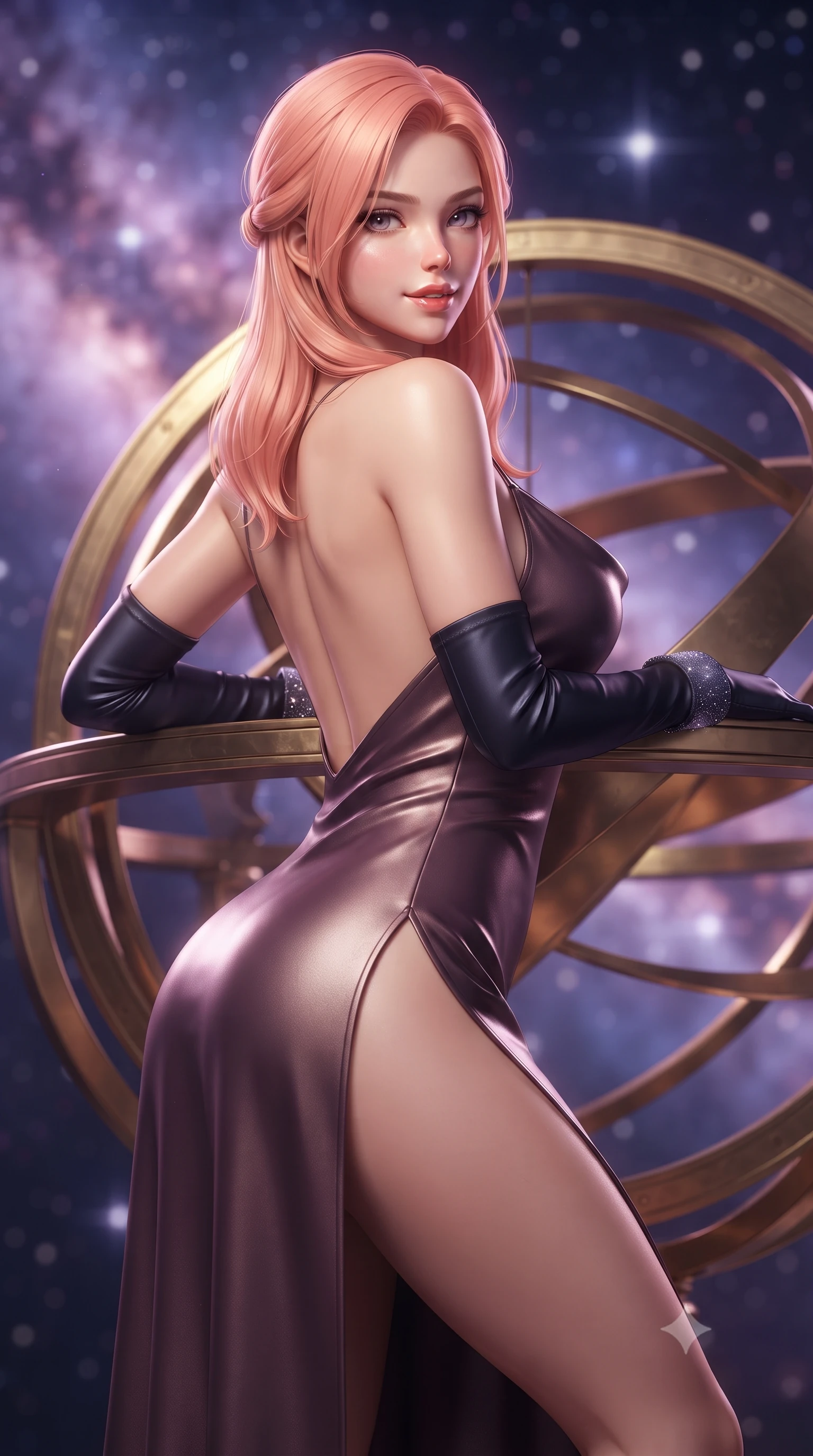 score_9, masterpiece, best quality, ultra-detailed, high-budget anime keyframe, editorial fashion photography, tasteful artistic composition, Japanese woman. close-up cowboy shot from the waist and thighs up, the character dominates the composition, filling the frame with her large presence. turning over a bare shoulder with an intoxicating, teasing smile, her soft hair framing her sharp jawline as her hips angle gracefully while leaning back against the polished brass rings of a colossal rotating armillary sphere, hips tilted in a seductive contrapposto stance. The composition keeps background elements in soft focus with creamy bokeh. swirling violet and magenta nebula clouds and distant star clusters blurred into celestial indigo, pink, and diamond-white bokeh. She has an exceptionally elegant, slender, and willowy female figure with an ultra-slim waist, a gracefully sculpted slender torso, toned flat midriff, and rounded feminine hips creating an alluring hourglass silhouette. sharp v-shaped jawline, high-bridge nose, intricate jewel-like eyes with depth, thick eyelashes, glossy parted lips with a natural sheen, intensely captivating and seductive bedroom-eyes expression, flawlessly proportioned anatomical accuracy, strict slender model proportions, natural body alignment, perfectly sculpted long slender limbs, ultra-slim waistline, clean dynamic posture without body distortion. wearing a backless cowl-neck satin slip dress featuring high-cut side hip slits and delicate thin straps in dusky celestial plum and antique brass gold, crafted from second-skin supple lambskin leather with specular sheen, complemented by opera-length midnight satin gloves and glowing stardust cuffs, the form-contouring material adhering flawlessly to her sculpted flat midriff and slender torso, emphasizing her long leg lines and perfectly proportioned willowy build. illuminated by starlight edge lights carving her slender waist, bare collarbones, and feminine hip line. ultra-reflective glossy finish, specular highlights, rich textural contrasts, high-contrast stereoscopic depth, volumetric dynamic lighting, 2k, ultra detail, master piece, 9:16 ratio