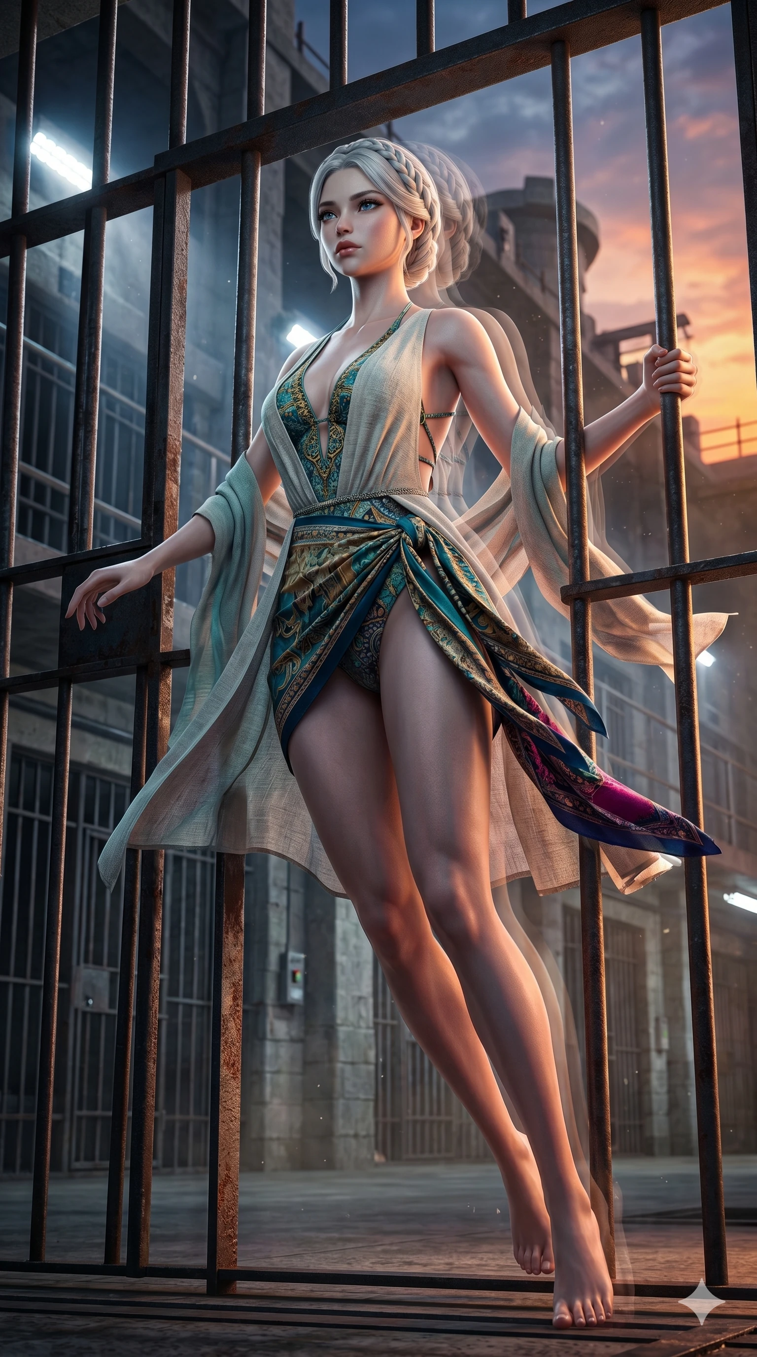 score_9, masterpiece, best quality, ultra-detailed, photorealistic 8k CG, hyper-detailed textures, ray-tracing, Japanese woman. Low angle cowboy shot capturing a powerful motion and statuesque presence. escaping a high-security prison by phasing through the bars. She has an absolutely perfect 8-heads proportion, an exceptionally tall and slender female figure with graceful and slender proportions. strictly human anatomy, two legs only, no extra limbs, clearly defined legs and arms, perfect anatomy, perfect hands and fingers. sharp v-shaped jawline, high-bridge nose, intricate jewel-like eyes, thick eyelashes, glossy lips. Wearing Seasonal/Resort: Elegant one-piece with sarong, linen sundress with tie-back, and light fabric wrap. The scene is illuminated by dramatic atmospheric lighting and vibrant color palettes. , 2k, ultra detail, master piece, 9:16 ratio
