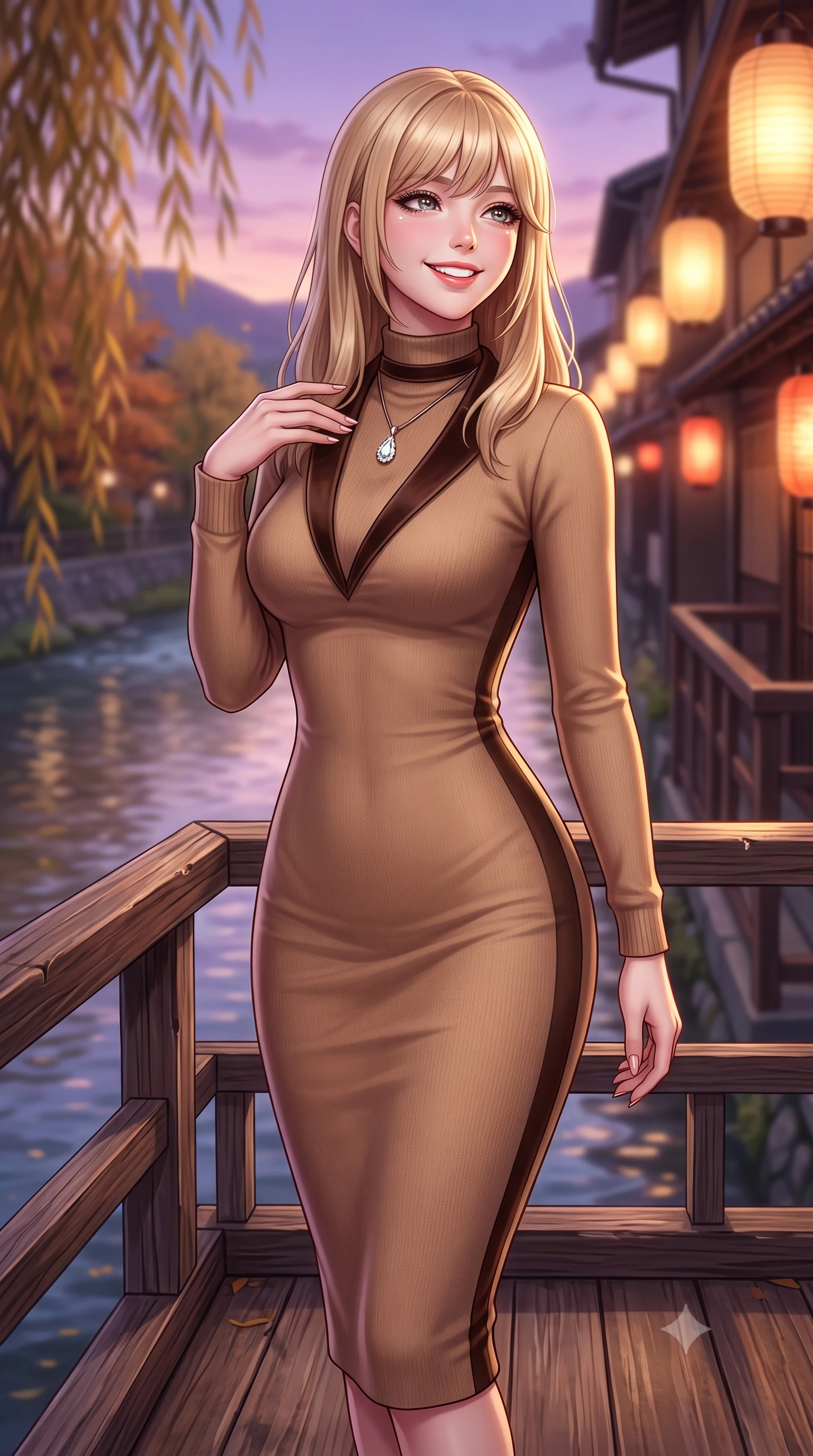 score_9, masterpiece, best quality, ultra-detailed, high-budget anime keyframe, semi-realistic 3D game render, editorial fashion photography, tasteful artistic composition, Japanese woman. close-up cowboy shot from the waist and thighs up, the character dominates the composition, filling the frame with her large presence. tilting her chin up with a teasing half-smile, running one manicured hand lightly along her lapel with effortless magnetic allure while standing poised on the wooden kawayuka deck suspended over the clear riverbank, looking out at autumn willows with a bright, beaming smile. The background shows a soft-focus warm paper lanterns along Gion alleyways softened in romantic Kyoto dusk shallow focus. She has an exceptionally elegant, slender, and willowy female figure with an ultra-slim waist, flat toned midriff, narrow ribcage, and sculpted feminine hips creating an alluring, slim hourglass silhouette without bulk. sharp v-shaped jawline, high-bridge nose, intricate jewel-like sparkling eyes with depth, thick eyelashes, glossy parted lips with a natural peach sheen, bright cheerful beaming smile with an enchanting and coquettish sensual glint, exuding both youthful cute charm and seductive allure, flawlessly proportioned anatomical accuracy, strict slender model proportions, natural body alignment, perfectly sculpted long slender limbs, ultra-slim waistline, clean dynamic posture without body distortion. wearing a sleek stretch velvet mock-neck bodycon midi dress with long sleeves contouring her willowy torso and hips in Saint-Germain camel wool and warm espresso, crafted from liquid-tight stretch cashmere knit clinging flawlessly to every curve with silky softness, finished with a narrow velvet neck ribbon and a sparkling teardrop crystal pendant, the liquid-tight tailored fabric clinging flawlessly to her narrow waist and rounded feminine hips, emphasizing every millimeter of her sculpted slim hourglass curves without any bulky heaviness. bathed in the soft purple-gold twilight glow of autumn sunset over the Higashiyama mountains mixed with warm paper lantern lights. highly saturated vibrant anime colors, detailed shading with soft gradients, rich glossy textures, high-contrast stereoscopic depth, volumetric dynamic lighting, master piece, 9:16 ratio