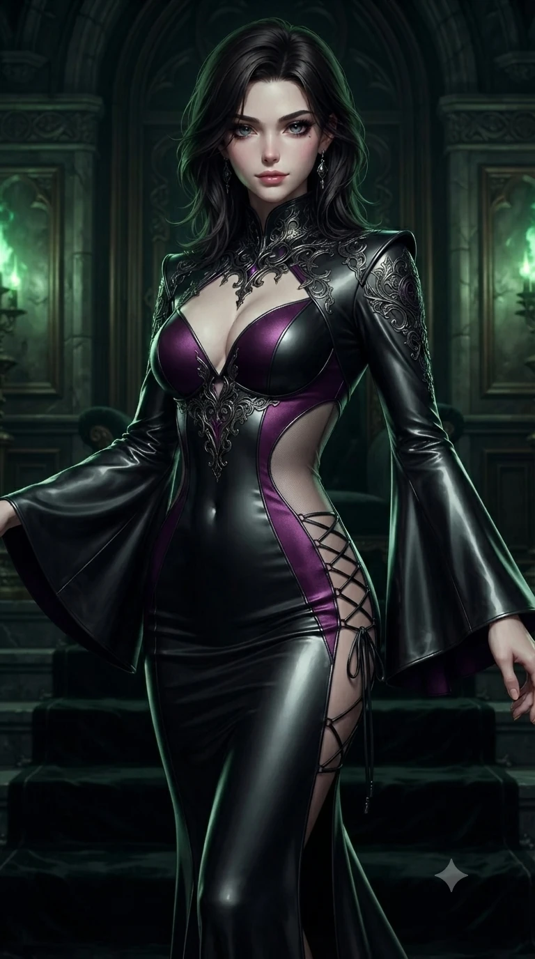 score_9, masterpiece, best quality, ultra-detailed, high-budget anime keyframe, editorial fashion photography, tasteful artistic composition, Korean woman. close-up cowboy shot from the waist and thighs up, the character dominates the composition, filling the frame with her large presence. twisting her slender torso in a deep contrapposto stance, hips dramatically shifted to accentuate her feminine curves while stepping slowly down the black velvet throne steps with sovereign grace, hips swaying in an alluring rhythm that commands the chamber. The surrounding environment is rendered in vivid detail and crisp panoramic clarity: detailed gothic high-collar silk evening gown tailoring, bell sleeve flare, and opulent occult regalia in razor-sharp clarity. She has an exceptionally elegant, slender, and willowy female figure with an ultra-slim waist, flat toned midriff, narrow ribcage, and sculpted feminine hips creating an alluring, slim hourglass silhouette without bulk. sharp v-shaped jawline, high-bridge nose, intricate jewel-like dark sparkling eyes with hypnotic seductive depth, thick curled eyelashes, glossy parted lips with a natural wine sheen, alluring bedroom-eyes with an enigmatic smoldering smile, exuding magnetic sovereign charisma and dark avant-garde glamour, flawlessly proportioned anatomical accuracy, strict slender model proportions, natural body alignment, perfectly sculpted long slender limbs, ultra-slim waistline, clean dynamic posture without body distortion. wearing an alluring plunging sweetheart bodice dress with sheer mesh side-waist cutouts contouring her ribs in royal amaranth purple and liquid platinum, made of liquid dark mercury jersey with seamless sculpting hold and fluid drape, featuring fine criss-cross lace-up side ties revealing tantalizing glimpses of her hip curve, the bespoke structured tailoring following the natural line of her 8.5-heads silhouette with refined elegance. lit by regal theatrical key light and dramatic green firelight casting eerie specular highlights across obsidian surfaces. ultra-reflective glossy finish, specular highlights, metallic sheen, high-contrast stereoscopic depth, volumetric dynamic lighting, 2k, ultra detail, master piece, 9:16 ratio