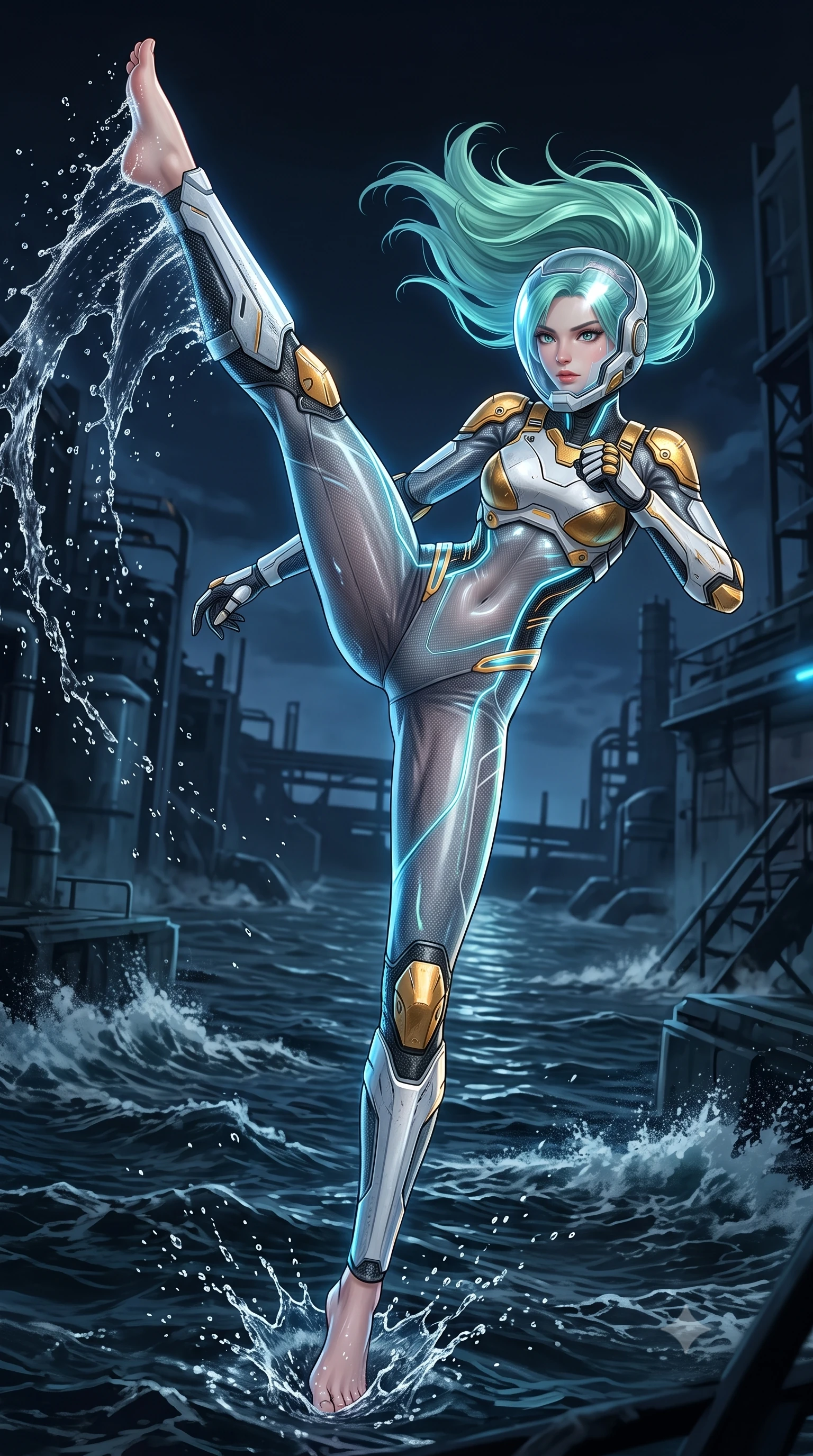 score_9, masterpiece, best quality, ultra-detailed, high-budget anime keyframe, semi-realistic 3D game render, editorial fashion photography, tasteful artistic composition, Japanese woman. low angle full-body shot from head to toe showing her feet, filling the entire 9:16 vertical frame with her statuesque presence, stretching her vertical silhouette. executing a breathtaking zero-gravity high-kick with full 180-degree vertical extension, her impossibly long slender legs dominating the frame with razor-sharp poise while executing a soaring 180-degree spinning hook kick above black industrial floodwaters with reinforced kinetic shin guards spraying water arcs. The surrounding environment is rendered in vivid detail and crisp panoramic clarity. sharp water droplet spray crests, razor-sharp shin guard plating seams, and wet carbon fiber in deep focus. She has an absolutely perfect, statuesque 8.5-heads proportion, an exceptionally tall and slender model-like female figure with impossibly long slender legs, a toned flat midriff, and an ultra-slim waist. sharp v-shaped jawline, high-bridge nose, intricate jewel-like eyes with depth, thick eyelashes, glossy lips with a natural sheen, fierce and resolute heroine expression, flawlessly proportioned anatomical accuracy, strict slender model proportions, natural body alignment, perfectly sculpted long slender limbs, ultra-slim waistline, clean dynamic posture without body distortion. wearing a crystal-clear transparent armored riot-visor helmet showing her entire beautiful face and determined expression with pristine clarity, paired with a tailored tactical combat jumpsuit with an open-back harness design, reinforced composite breastplate, and high-mobility elbow dampers in arctic white carbon composite with scratched solar gold armor plating, crafted from semi-translucent cybernetic carbon-vinyl interwoven with glowing micro-filaments, accented with glowing fiber-optic telemetry conduits tracing her collarbones and hip curves, the form-contouring material adhering flawlessly to her sculpted flat midriff and slender torso, emphasizing her long leg lines and perfectly proportioned willowy build. surrounded by an agile, lethal, and breathtakingly athletic aquatic infiltration operative aura. rich saturated anime colors with glowing neon highlights, detailed shading with soft gradients, rich glossy textures, high-contrast stereoscopic depth, volumetric dynamic lighting, master piece, 9:16 ratio
