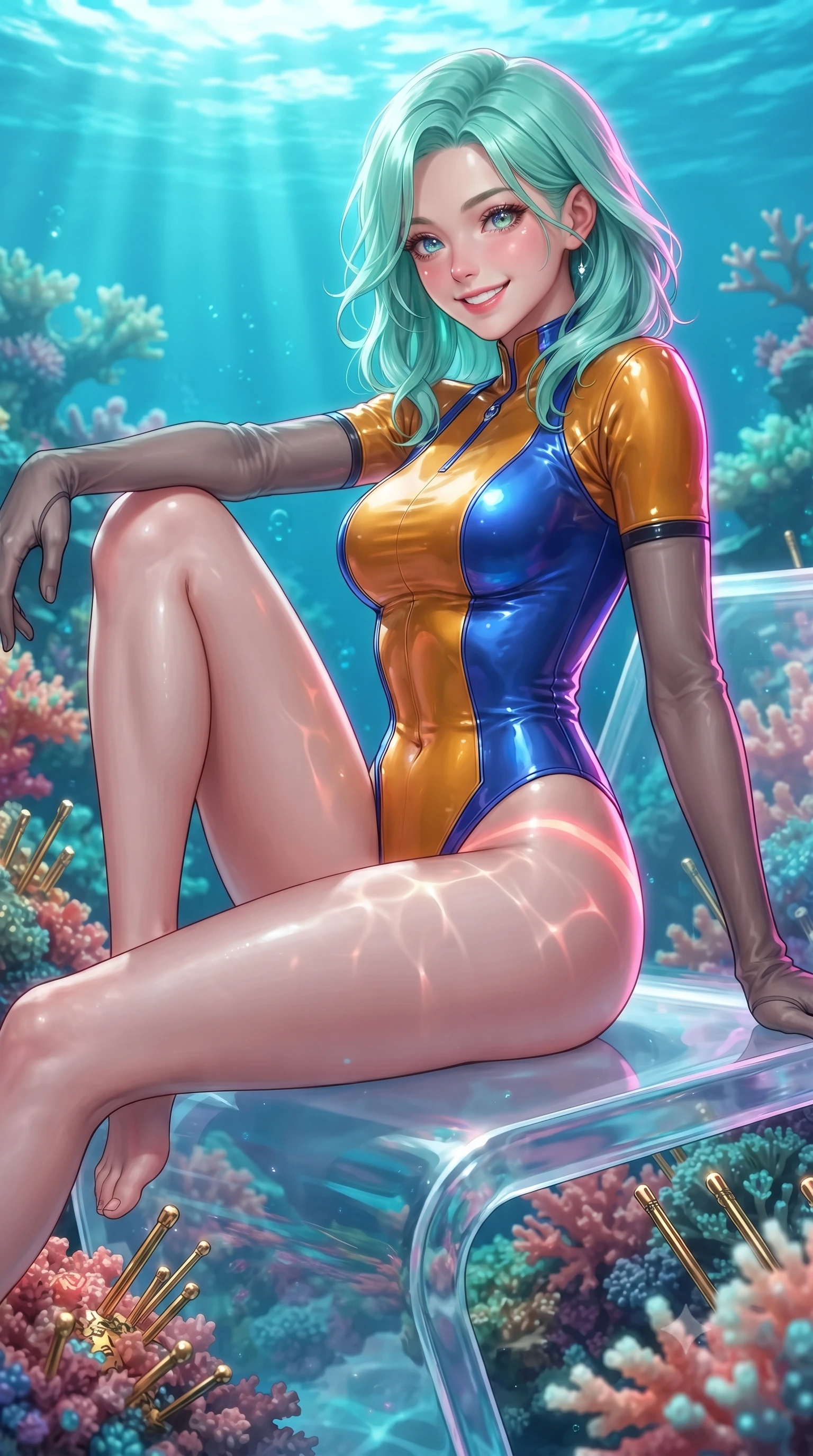 score_9, masterpiece, best quality, ultra-detailed, high-budget anime keyframe, editorial fashion photography, tasteful artistic composition, Japanese woman. close-up cowboy shot from the waist and thighs up, the character dominates the composition, filling the frame with her large presence. perched sideways on the lounge seat, one knee drawn up to showcase her slender leg line while her arched back accentuates her feminine hip curve while twisting her slender torso in an alluring S-curve, rippling sunbeams and neon coral glow painting sensual light ribbons across her flat midriff and hips. The surrounding environment is rendered in vivid detail and crisp panoramic clarity: sharp coral polyp textures, gold-plated server connection pins, and crystal-clear dome acrylic bevels in deep focus. She has an exceptionally elegant, slender, and willowy female figure with an ultra-slim waist, flat toned midriff, narrow ribcage, and sculpted feminine hips creating an alluring, slim hourglass silhouette without bulk. sharp v-shaped jawline, high-bridge nose, intricate jewel-like sparkling eyes with depth, thick eyelashes, glossy parted lips with a natural peach sheen, bright cheerful beaming smile with an enchanting and coquettish sensual glint, exuding both youthful cute charm and seductive allure, flawlessly proportioned anatomical accuracy, strict slender model proportions, natural body alignment, perfectly sculpted long slender limbs, ultra-slim waistline, clean dynamic posture without body distortion. wearing a sleek second-skin cyber-pilot bodysuit with high-gloss patent leather panels accentuating her ultra-slim waistline in Jovian storm amber and electric cobalt, woven from buttery-soft stretch lambskin leather adhering to her body like a second skin, complemented by sheer opera-length evening gloves tracing her slender arms, the impeccably tailored cut draping gracefully along her slender figure with aristocratic poise. illuminated by turquoise water reflection bounce and sharp neon-pink rim lights defining her jawline, narrow waist, and curvy hips. ultra-reflective glossy finish, specular highlights, rich textural contrasts, high-contrast stereoscopic depth, volumetric dynamic lighting, 2k, ultra detail, master piece, 9:16 ratio