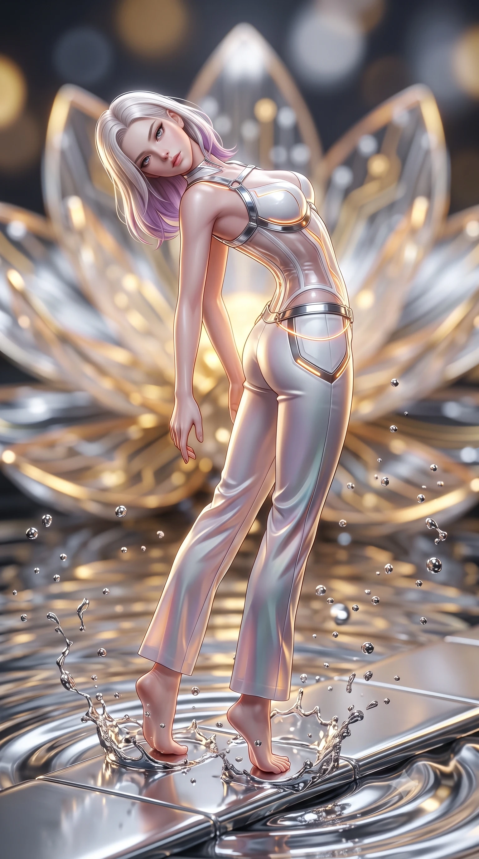 score_9, masterpiece, best quality, ultra-detailed, high-budget anime keyframe, semi-realistic 3D game render, editorial fashion photography, tasteful artistic composition, Caucasian woman. low angle full-body shot from head to toe showing her feet, filling the entire 9:16 vertical frame with her statuesque presence, stretching her vertical silhouette. arching her spine in a fluid zero-gravity turn with sovereign grace, her long slender legs and sculpted torso creating a sweeping line while pivoting dynamically on a submerged chrome walkway as liquid mercury droplets splash like molten chrome beads in mid-air. The composition keeps background elements in soft focus with creamy bokeh. giant glowing circuit lotus petals and swirling mercury ripples blurred into rich golden and chrome bokeh. She has an absolutely perfect, statuesque 8.5-heads proportion, an exceptionally tall and slender model-like female figure with impossibly long slender legs, a toned flat midriff, and an ultra-slim waist. sharp v-shaped jawline, high-bridge nose, intricate jewel-like eyes with depth, thick eyelashes, glossy lips with a natural sheen, flawlessly proportioned anatomical accuracy, strict slender model proportions, natural body alignment, perfectly sculpted long slender limbs, ultra-slim waistline, clean dynamic posture without body distortion. wearing a structured translucent cyber-corset paired with tailored high-fashion satin trousers that sharply cinch her ultra-slim waist in high-contrast monochrome white enamel and glowing amber lines, made of smooth flowing silk chiffon that shifts colors with movement, reinforced by a sleek metallic chrome harness and delicate glowing micro-straps, the liquid-tight tailored fabric emphasizing every curve of her tall, slender model proportions and sculptured silhouette during dynamic movement. illuminated by crisp white key lighting with specular metallic highlights tracing her slender curves. rich saturated anime colors with glowing neon highlights, detailed shading with soft gradients, rich glossy textures, high-contrast stereoscopic depth, volumetric dynamic lighting, master piece, 9:16 ratio