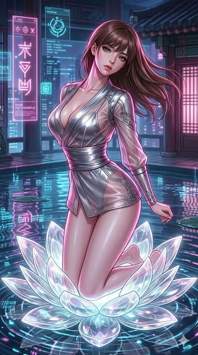 score_9, masterpiece, best quality, ultra-detailed, high-budget anime keyframe, Korean woman. Upper body close-up from the thighs up, character filling the screen for maximum presence. She is kneeling on a giant glowing glass lotus blossom floating i
