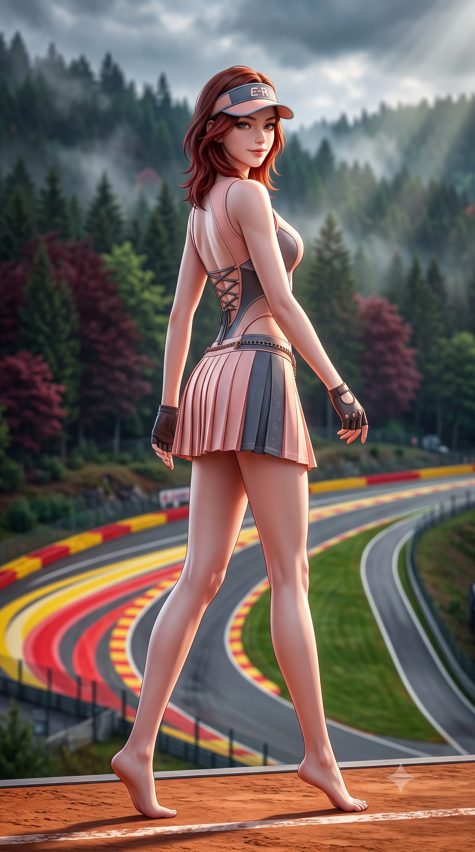 score_9, masterpiece, best quality, ultra-detailed, high-budget anime keyframe, semi-realistic 3D game render, editorial fashion photography, tasteful artistic composition, Korean woman. low angle full-body shot from head to toe showing her feet, filling the entire 9:16 vertical frame with her statuesque presence, stretching her vertical silhouette. walking slowly along the clay court baseline, looking back over her shoulder with an air of effortless grace and an alluring, smoldering smile while standing poised on the high viewing deck above the terrifying uphill sweep of Eau Rouge, arching her back with fearless supermodel poise. The background shows a soft-focus the iconic curving red-and-yellow Eau Rouge curbs and towering pine-covered Ardennes hills blurred into forest green, crimson, and mist bokeh. She has an absolutely perfect, statuesque 8.5-heads proportion, an exceptionally tall and slender model-like female figure with impossibly long slender legs, an ultra-slim waist, a flat toned midriff, narrow delicate ribcage, and beautifully sculpted feminine hips creating a graceful, slim hourglass silhouette without any bulky heaviness. sharp v-shaped jawline, high-bridge nose, sparkling eyes with athletic focus and depth, thick curled eyelashes, glossy parted lips with a natural coral-peach sheen, bright confident and coquettish smile with alluring bedroom-eyes, exuding both youthful sporty vigor and sovereign high-society glamour, flawlessly proportioned anatomical accuracy, strict slender model proportions, natural body alignment, perfectly sculpted long slender limbs, ultra-slim waistline, clean dynamic posture without body distortion. wearing a backless lace-up racing leotard with side hip cutouts and a pleated wrap skirt framing her hourglass curves in pastel peach blossom and matte carbon grey, woven from metallic lurex and technical nylon with subtle starlight glints, accented with a sporty retro tennis visor and fingerless leather driving gloves, the high-waisted wrap tailoring accentuating her ultra-slim waistline and the enchanting curve of her feminine hips with alluring sporty charm. bathed in dynamic shifting Ardennes sunbeams breaking through moody forest clouds. highly saturated vibrant anime colors, detailed shading with soft gradients, rich glossy textures, high-contrast stereoscopic depth, volumetric dynamic lighting, master piece, 9:16 ratio