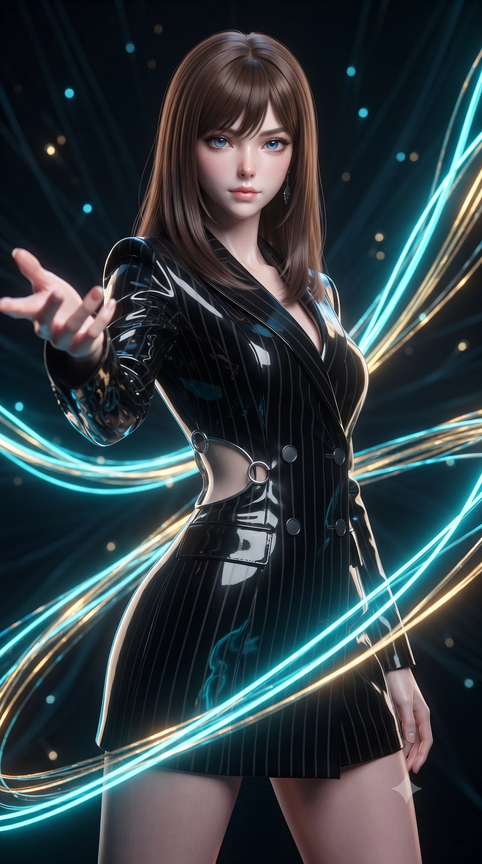 score_9, masterpiece, best quality, ultra-detailed, high-budget anime keyframe, editorial fashion photography, tasteful artistic composition, Korean woman. close-up cowboy shot from the waist and thighs up, the character dominates the composition, filling the frame with her large presence, background elements kept in soft focus. Reaching her hand gracefully toward the camera with magnetic allure, her torso turning in a dynamic S-curve alignment while pivoting her torso in an S-curve alignment inside a 3D fiber-optic loom void, glowing fiber optic motes drifting like fireflies in the dark background. She has an exceptionally elegant, slender, and willowy female figure with an ultra-slim waist, a gracefully sculpted slender torso, and a refined silhouette. sharp v-shaped jawline, high-bridge nose, intricate jewel-like eyes with depth, thick eyelashes, glossy lips with a natural sheen, flawlessly proportioned anatomical accuracy, natural body alignment, perfectly sculpted elegant limbs, clean dynamic posture without body distortion. wearing a double-breasted blazer dress with subtle metallic pin-stripes in matte black and polished silver, tailored from high-gloss patent leather, accented with delicate chrome ring hardware framing her waist, the sleek second-skin texture accentuating her magnetic presence. illuminated by the brilliant glow of cyan and gold luminescent plasma ribbons. ultra-reflective glossy finish, specular highlights, metallic sheen, high-contrast stereoscopic depth, volumetric dynamic lighting, 2k, ultra detail, master piece, 9:16 ratio