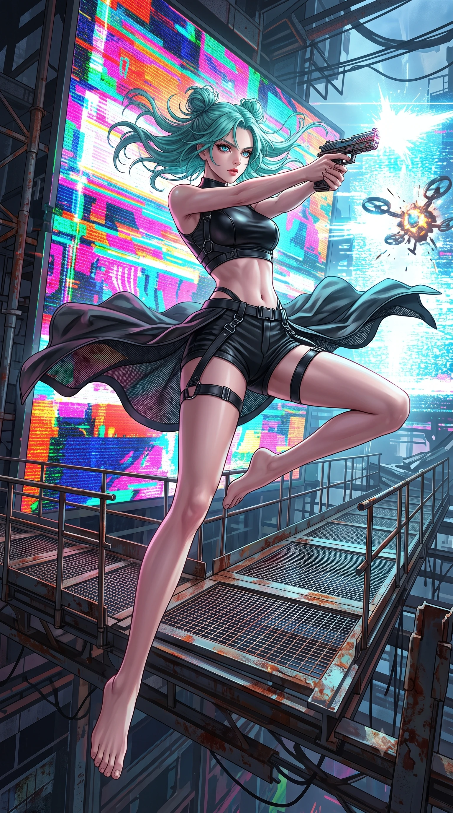 score_9, masterpiece, best quality, ultra-detailed, high-budget anime keyframe, editorial fashion photography, tasteful artistic composition, Japanese woman. low angle full-body shot from head to toe showing her feet, filling the entire 9:16 vertical frame with her statuesque presence, stretching her vertical silhouette. leaping dynamically off a collapsing sky-bridge while firing back at security drones through a scaffolding walkway behind a massive glitching digital advertising screen. She has a statuesque 8.5-heads proportion, an exceptionally tall, slender and willowy model-like build with impossibly long legs and a highly sculpted ultra-slim waist. sharp v-shaped jawline, high-bridge nose, intricate jewel-like eyes with depth, thick eyelashes, glossy lips with a natural sheen. wearing the lightweight fabric rippling and billowing dramatically with her movement, a slim-fit cyber-tactical crop top in matte black leather, paired with matching micro-shorts and black leather thigh straps, revealing her delicately sculpted midriff. highly saturated vibrant anime colors, intense vivid color palette, soft 3D volumetric shading, volumetric dynamic lighting, blinding flashes of white and cyan static light illuminating the rusty structure. 2k, ultra detail, master piece, 9:16 ratio
