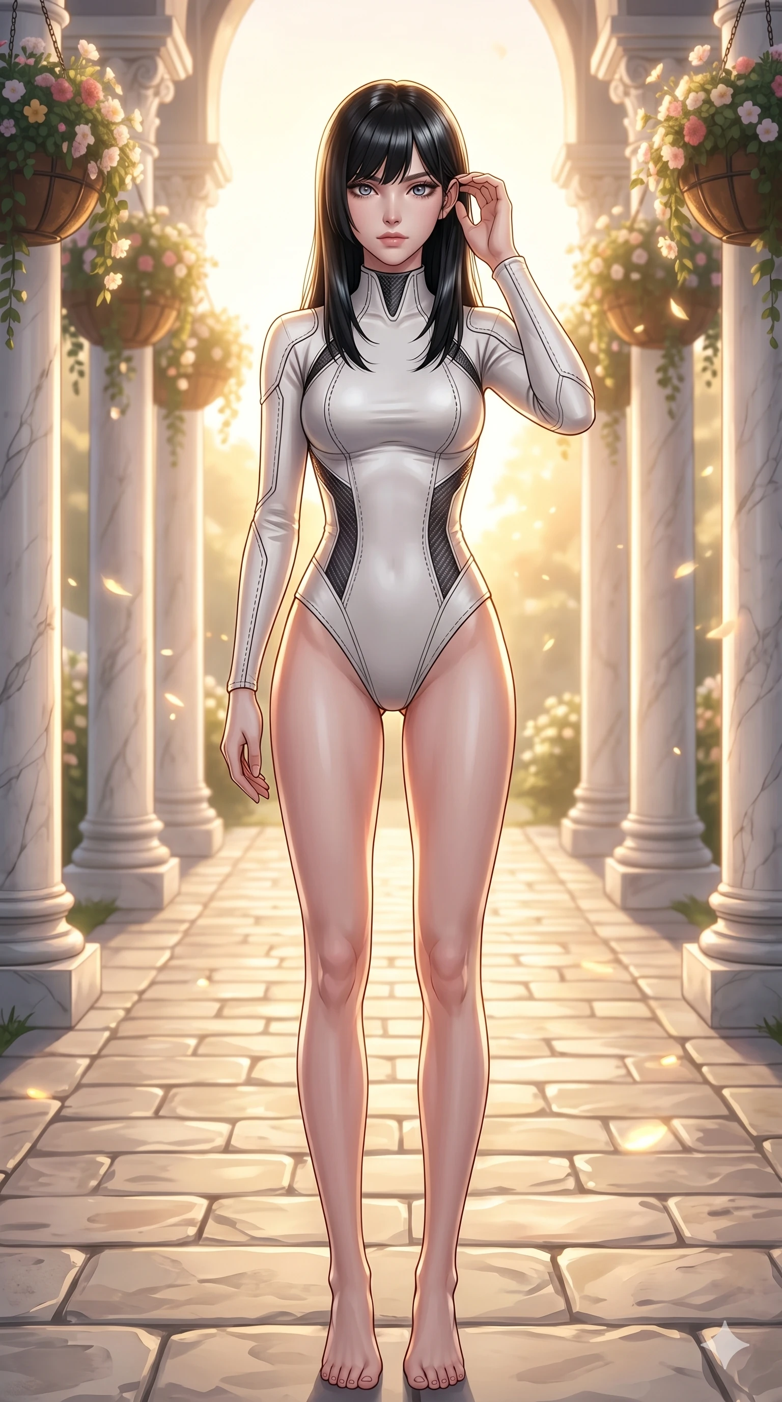 score_9, masterpiece, best quality, ultra-detailed, high-budget anime keyframe, editorial fashion photography, tasteful artistic composition, Caucasian woman, strictly human ears. cowboy shot from the thighs up, character and outfit filling the frame for maximum editorial presence. Lifting one hand to gently tuck a strand of hair behind her ear, her movements fluid and slow on a stone path lined with columns of white marble and hanging flower baskets, as a gentle breeze stirs the glowing elements around her. She has an absolutely perfect 8-heads proportion, an exceptionally tall and slender female figure with impossibly long slender legs and an ultra-slim waist. V-shaped jawline, high-bridge nose, intricate jewel-like eyes with depth, thick eyelashes, glossy lips with a natural sheen. wearing a structured bodysuit in white leather-look material with futuristic carbon-fiber panel accents. under warm golden hour backlighting, creating a luminous, radiant halo around her silhouette. 2k, ultra detail, master piece, 9:16 ratio