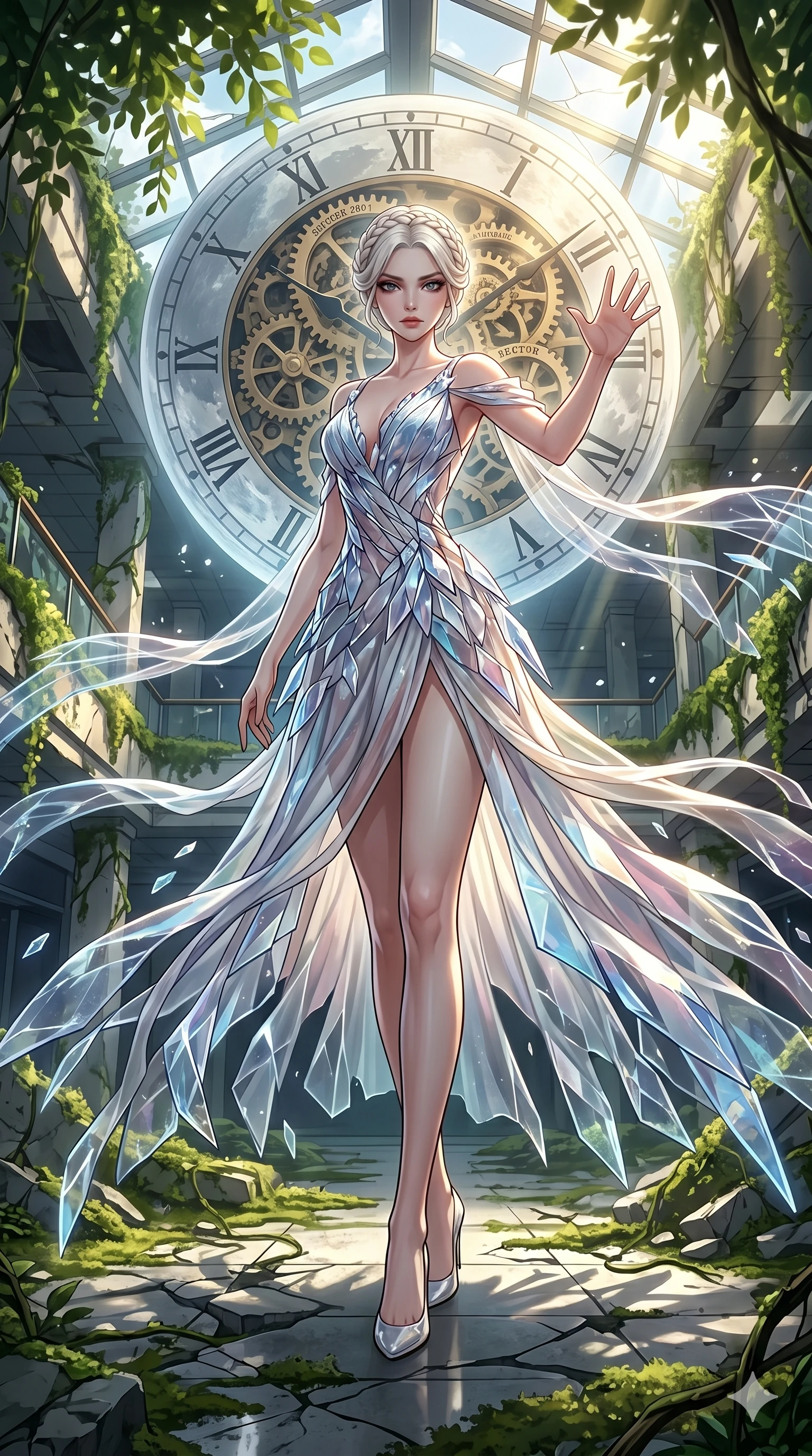 score_9, masterpiece, best quality, ultra-detailed, Set A: High-budget Anime Keyframe, Korean woman. Low angle cowboy shot filling the entire 9:16 frame with her statuesque presence. Theme: Ethereal Dream. shattering the fabric of reality in a ruined overgrown shopping mall, with a massive clockwork moon ticking behind her as sector 284. The atmosphere is filled with cinematic sunlight through leaves. She has an absolutely perfect 8-heads proportion, an exceptionally tall and slender female figure with impossibly long slender legs and an ultra-slim waist. Sharp v-shaped jawline, high-bridge nose, intricate jewel-like eyes with depth, glossy lips. Wearing Shattered-dimension dress where parts of the fabric seem to phase in and out. Cinematic lighting, vivid colors, dramatic shadows, 2k, ultra detail, master piece, 9:16 ratio