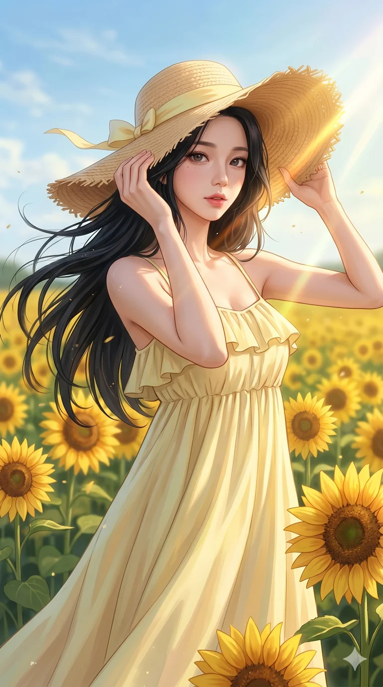 score_9, score_8_up, score_7_up, source_anime, masterpiece, best quality, ultra-detailed, same character with long flowing black hair, wearing a pastel yellow sundress, upper body close-up from thigh up filling the screen, holding a wide-brimmed straw hat against a breeze, sunflower field background, lens flare, 2k, 9:16 ratio