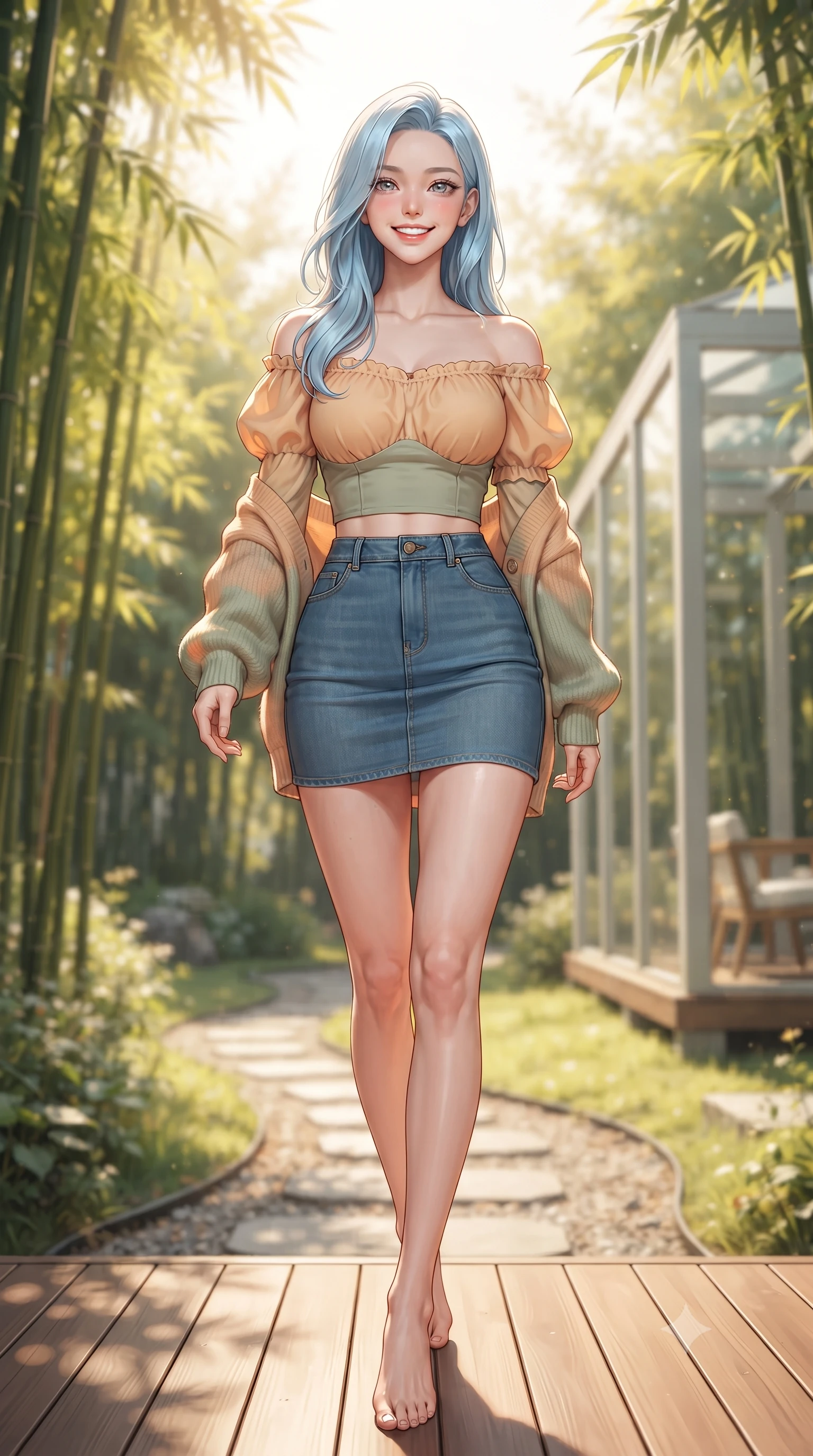 score_9, masterpiece, best quality, ultra-detailed, high-budget anime keyframe, editorial fashion photography, tasteful artistic composition, Korean woman. low angle full-body shot from head to toe showing her feet, filling the entire 9:16 vertical frame with her statuesque presence, stretching her vertical silhouette. stepping forward gracefully in mid-motion with a radiant beaming smile, hips swaying in an alluring kinetic rhythm that accentuates her curvy hourglass silhouette and long slender legs while walking gracefully down the garden path, her form-contouring casual chic outfit accentuating her narrow waist and feminine hips. The composition keeps background elements in soft focus with dreamy creamy bokeh. lush bamboo groves, sunlit maple leaves, and contemporary glass architectural pavilions blurred into soft emerald, gold, and glass-white bokeh. She has an exceptionally tall and slender model-like 8.5-heads proportion, an ultra-slim waist, a flat toned midriff, narrow delicate ribcage, and beautifully sculpted feminine hips creating a graceful, slim hourglass silhouette without any bulky heaviness, with impossibly long slender legs. sharp v-shaped jawline, high-bridge nose, intricate jewel-like sparkling eyes with depth, thick eyelashes, glossy parted lips with a natural peach sheen, bright cheerful beaming smile with an enchanting and coquettish sensual glint, exuding both youthful cute charm and seductive allure, flawlessly proportioned anatomical accuracy, strict slender model proportions, natural body alignment, perfectly sculpted long slender limbs, ultra-slim waistline, clean dynamic posture without body distortion. wearing an off-shoulder puff-sleeve crop blouse with a tight high-waisted denim A-line mini skirt emphasizing her curvy hips in soft apricot and sage green, tailored from fine lightweight chiffon that flutters gently in the breeze, complemented by an oversized soft knit cardigan slipping off one bare shoulder, the glove-like silhouette tightly following the natural contour of her hips and long slender legs with youthful 8.5-heads elegance. illuminated by warm wooden deck bounce light sculpting her razor-sharp jawline, narrow waist, and curvy hips. ultra-reflective glossy finish, specular highlights, rich textural contrasts, high-contrast stereoscopic depth, volumetric dynamic lighting, 2k, ultra detail, master piece, 9:16 ratio