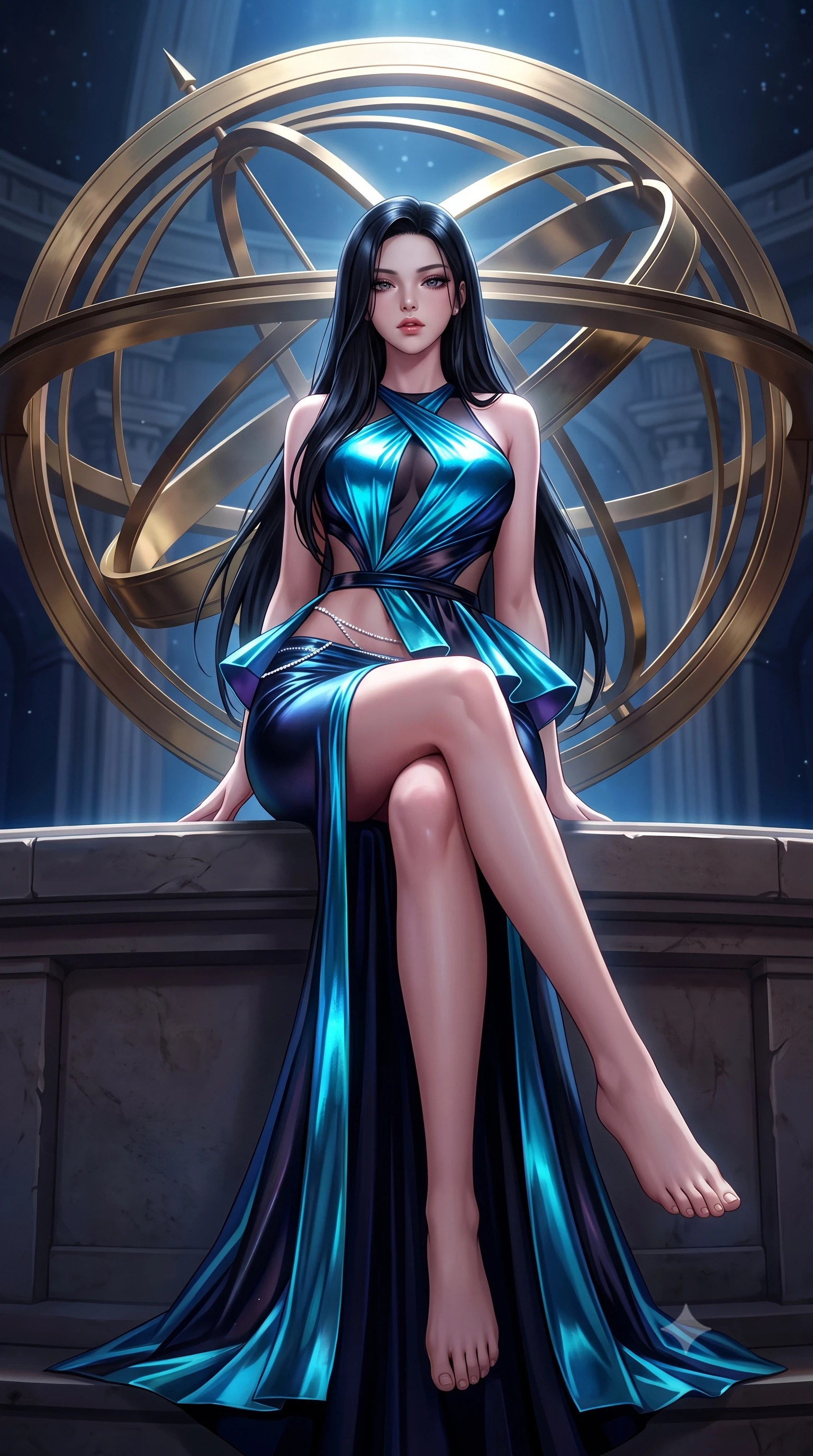 score_9, masterpiece, best quality, ultra-detailed, high-budget anime keyframe, semi-realistic 3D game render, editorial fashion photography, tasteful artistic composition, Korean woman. low angle full-body shot from head to toe showing her feet, filling the entire 9:16 vertical frame with her statuesque presence, stretching her vertical silhouette. sitting perched on the elevated ledge with hips angled toward the camera and legs crossed, displaying her toned midriff and flawlessly sculpted slender limbs while leaning back against the polished brass rings of a colossal rotating armillary sphere, hips tilted in a seductive contrapposto stance. The surrounding environment is rendered in vivid detail and crisp panoramic clarity. monumental high-contrast cosmic chiaroscuro and sacred astronomical sanctuary architecture in precision. She has an absolutely perfect, statuesque 8.5-heads proportion, an exceptionally tall and slender model-like female figure with impossibly long slender legs, a toned flat midriff, an ultra-slim waist, and beautifully sculpted feminine hips. sharp v-shaped jawline, high-bridge nose, intricate jewel-like eyes with depth, thick eyelashes, glossy parted lips with a natural sheen, intensely captivating and seductive bedroom-eyes expression, flawlessly proportioned anatomical accuracy, strict slender model proportions, natural body alignment, perfectly sculpted long slender limbs, ultra-slim waistline, clean dynamic posture without body distortion. wearing a structural geometric peplum gown with sheer side-ribbon cutouts and form-fitting skirt in electric cyan and deep interstellar black, crafted from luxurious metallic lamé that shifts radiance like distant stars, accented with a dainty diamond hip chain framing her feminine curves, the precision-cut side openings and low-back scoop framing her graceful spine and the sensual sweep of her hips. surrounded by a celestial, immortal, and deeply hypnotic cosmos sovereign aura. highly saturated vibrant anime colors, detailed shading with soft gradients, rich glossy textures, high-contrast stereoscopic depth, volumetric dynamic lighting, master piece, 9:16 ratio