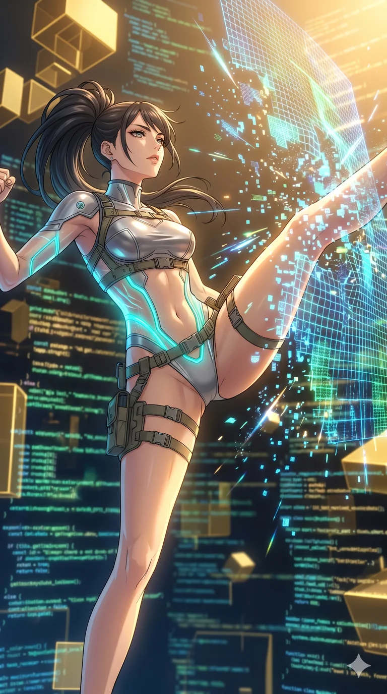 score_9, masterpiece, best quality, ultra-detailed, High-budget Anime Keyframe, vibrant colors, fluid line-art, expressive lighting, cinematic composition, Ufotable-style visual effects, top-tier animation quality, Japanese woman with delicate and elegant anime-inspired features. Low angle cowboy shot filling the entire 9:16 frame with her statuesque presence, looking up to emphasize her height. Kicking through a high-security holographic barrier, the digital mesh shattering into thousands of glowing pixels. She has an absolutely perfect 8-heads proportion, an exceptionally tall and slender female figure with impossibly long slender legs and an ultra-slim waist, her statuesque height and towering silhouette dominating the vertical 9:16 frame. Her face is a masterpiece featuring a sharp v-shaped jawline, high-bridge nose, intricate jewel-like eyes with depth, thick eyelashes, and glossy lips with a natural sheen. She is wearing a High-cut leotard with metallic plating and translucent PVC panels on the sides crafted from Fluorescent mesh that glows brightly under neon light, highlighting her silhouette, with an exposed midriff and a complex harness system that draws the eye. The scene is set in an abstract digital void with floating golden geometric shapes and rivers of flowing code, illuminated by golden hour sunlight that gives her skin a warm, radiant glow. 2k, ultra detail, master piece, 9:16 ratio