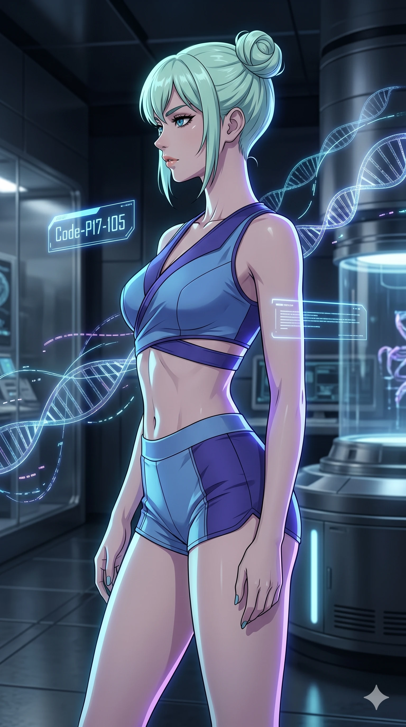 score_9, masterpiece, best quality, ultra-detailed, high-budget anime keyframe, editorial fashion photography, tasteful artistic composition, Japanese woman. cowboy shot from the thighs up, character and outfit filling the frame for maximum editorial presence. turning her face in a sharp profile, her expression cool, confident in a laboratory with floating holographic DNA lines (Code-P17-105). She has an absolutely perfect 8-heads proportion, an exceptionally tall and slender female figure with impossibly long slender legs and an ultra-slim waist. V-shaped jawline, high-bridge nose, intricate jewel-like eyes with depth, thick eyelashes, glossy lips with a natural sheen. wearing a wrap top exposing her bare midriff and matching micro-shorts. cool blue and violet neon light, highlighting the sleek contours of her athletic figure. 2k, ultra detail, master piece, 9:16 ratio